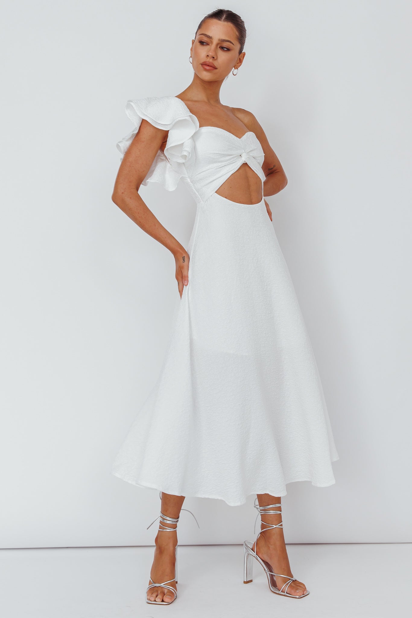 Jolina Ruffle Shoulder Midi Dress White-Maymioy