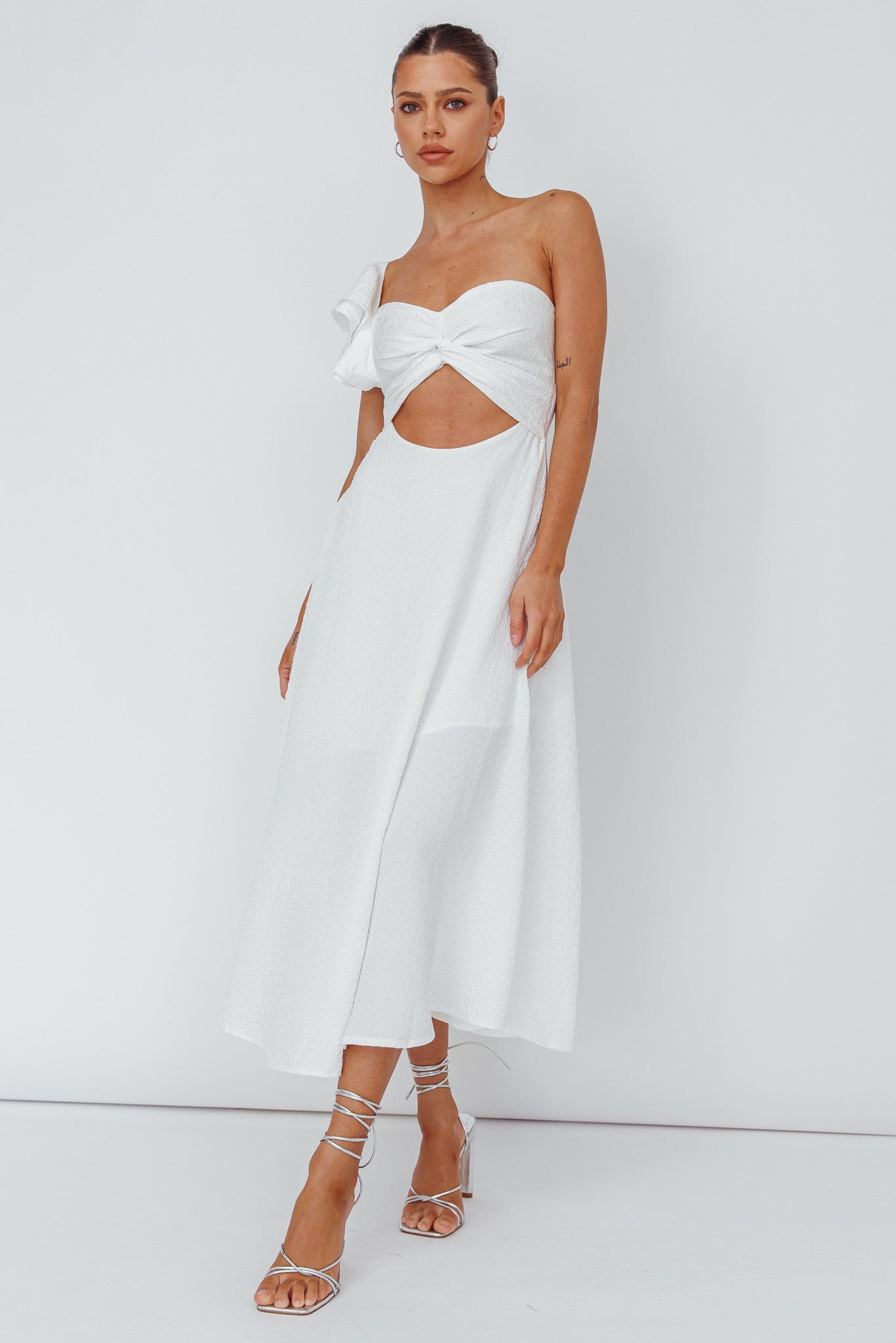 Jolina Ruffle Shoulder Midi Dress White-Maymioy