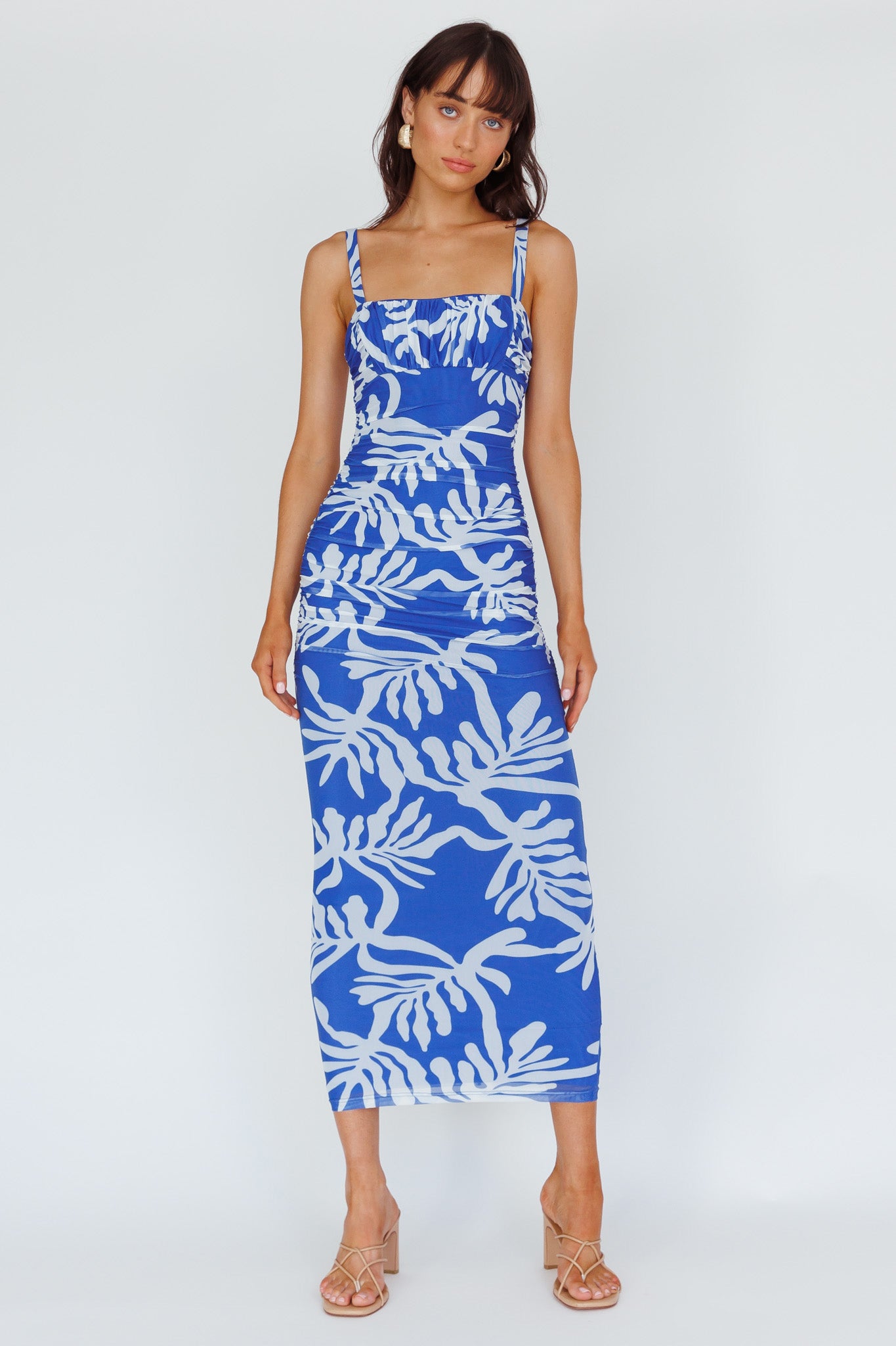 Hawaiian Sun Ruched Bust Midi Dress Print Blue-Maymioy