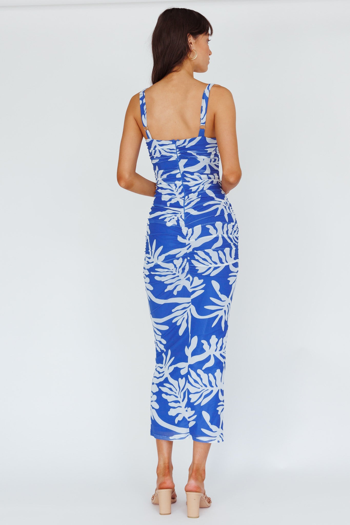 Hawaiian Sun Ruched Bust Midi Dress Print Blue-Maymioy