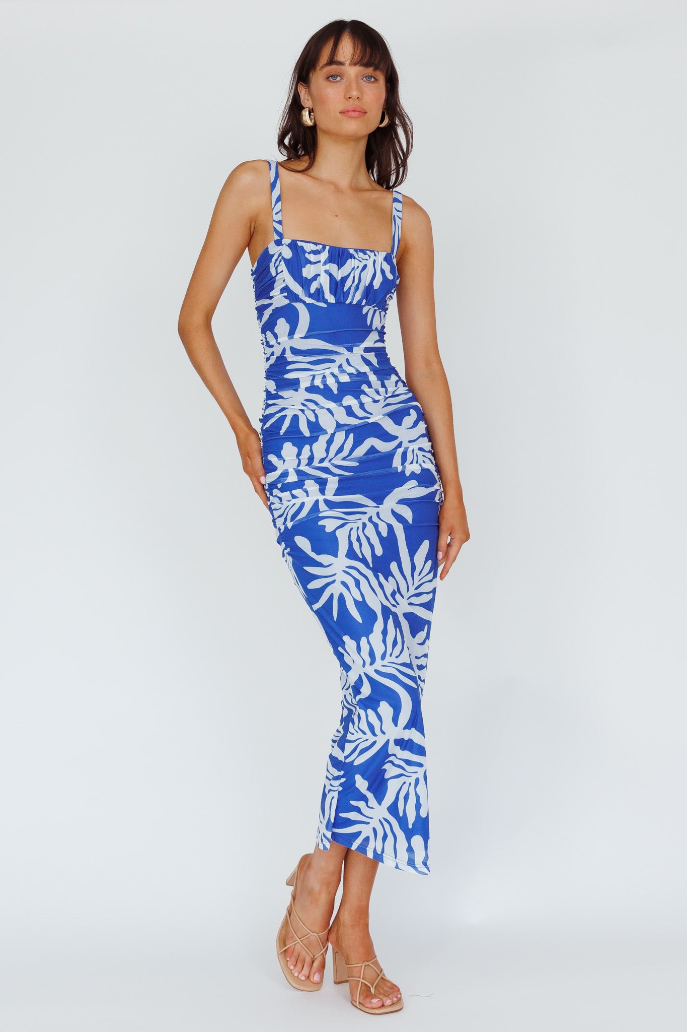 Hawaiian Sun Ruched Bust Midi Dress Print Blue-Maymioy