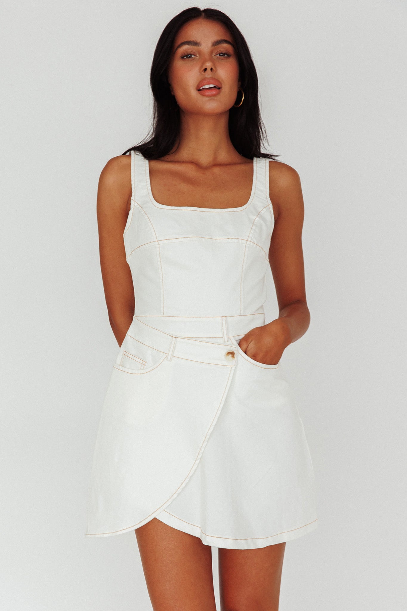 Killara Pocket Wrap Mini Dress Cream-Maymioy
