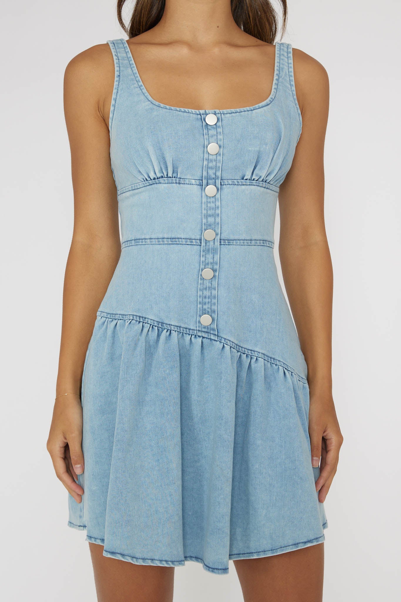 Pansy Flounce Hem Mini Dress Light Denim-Maymioy