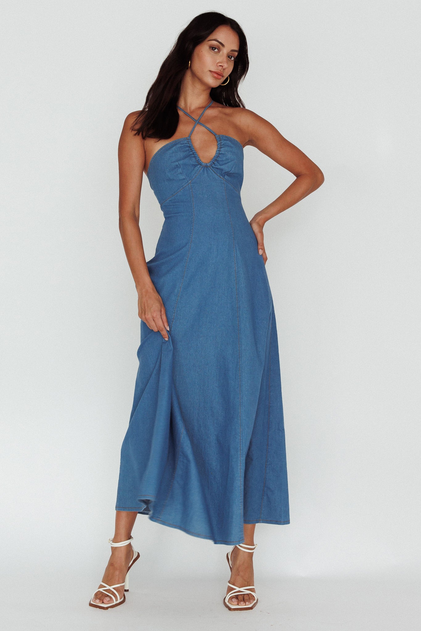 Leilana Halterneck Maxi Dress Denim-Maymioy
