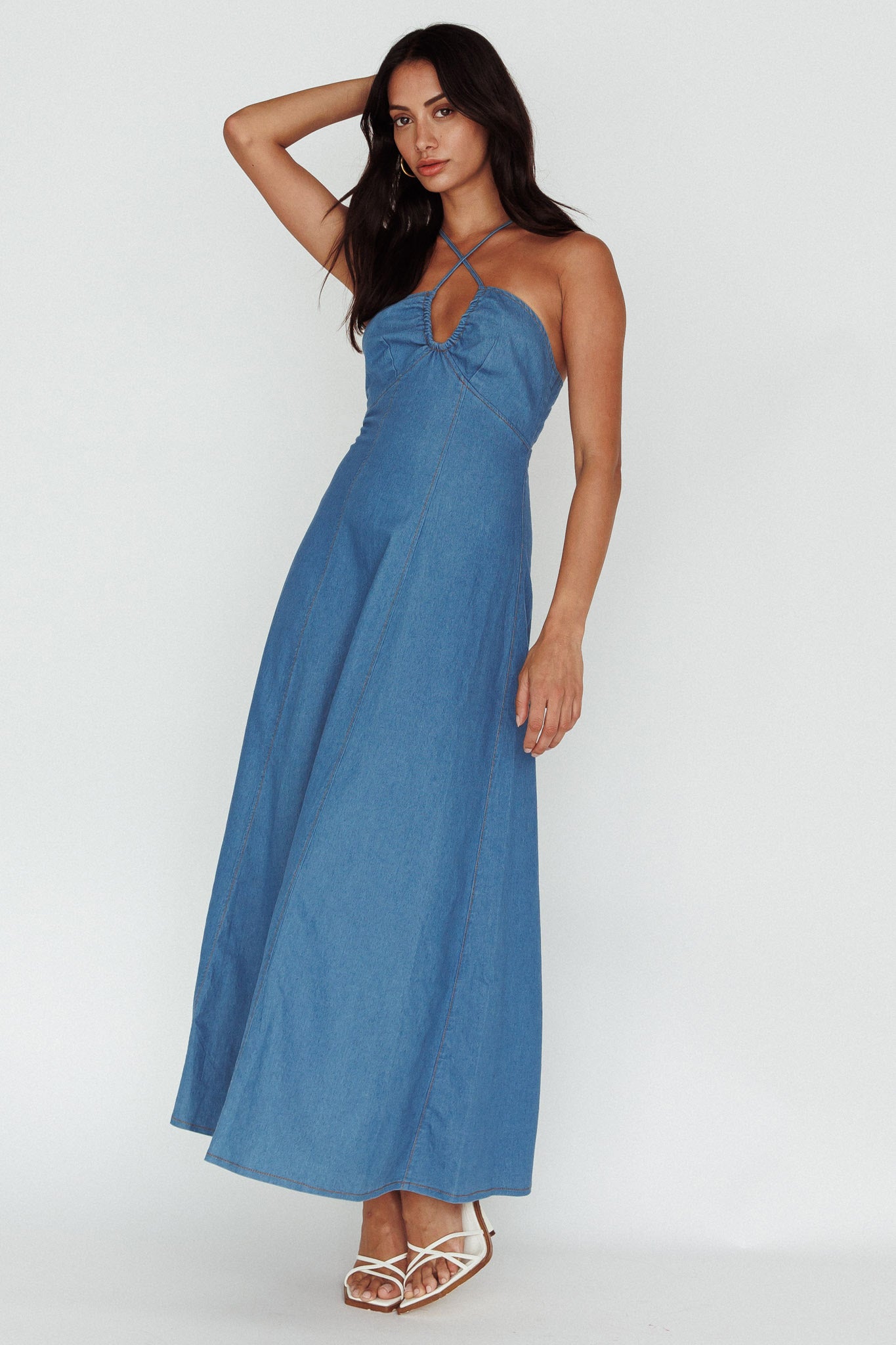 Leilana Halterneck Maxi Dress Denim-Maymioy
