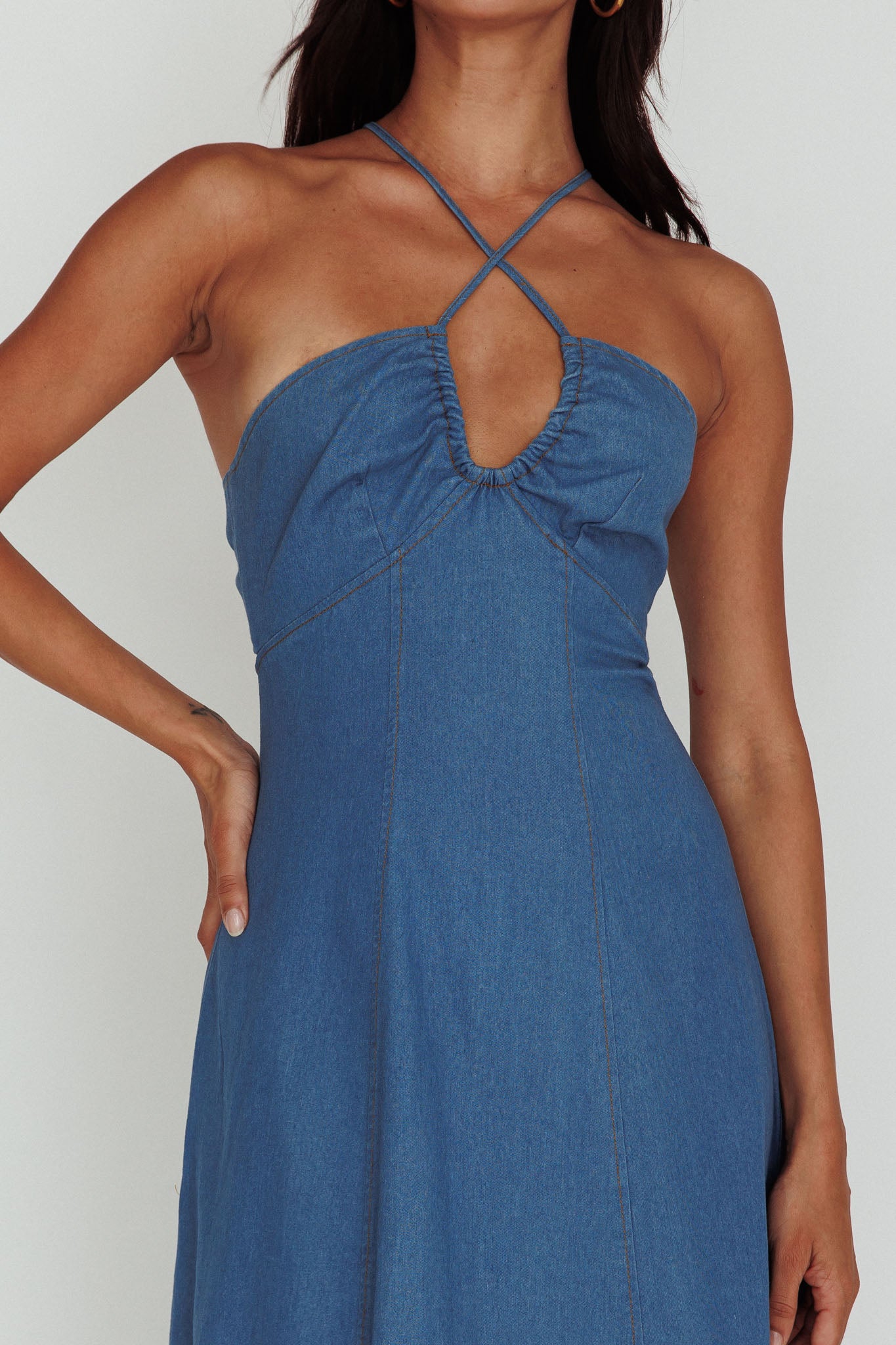 Leilana Halterneck Maxi Dress Denim-Maymioy