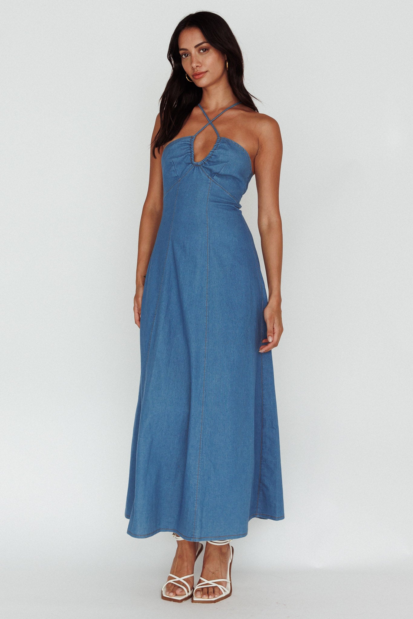 Leilana Halterneck Maxi Dress Denim-Maymioy