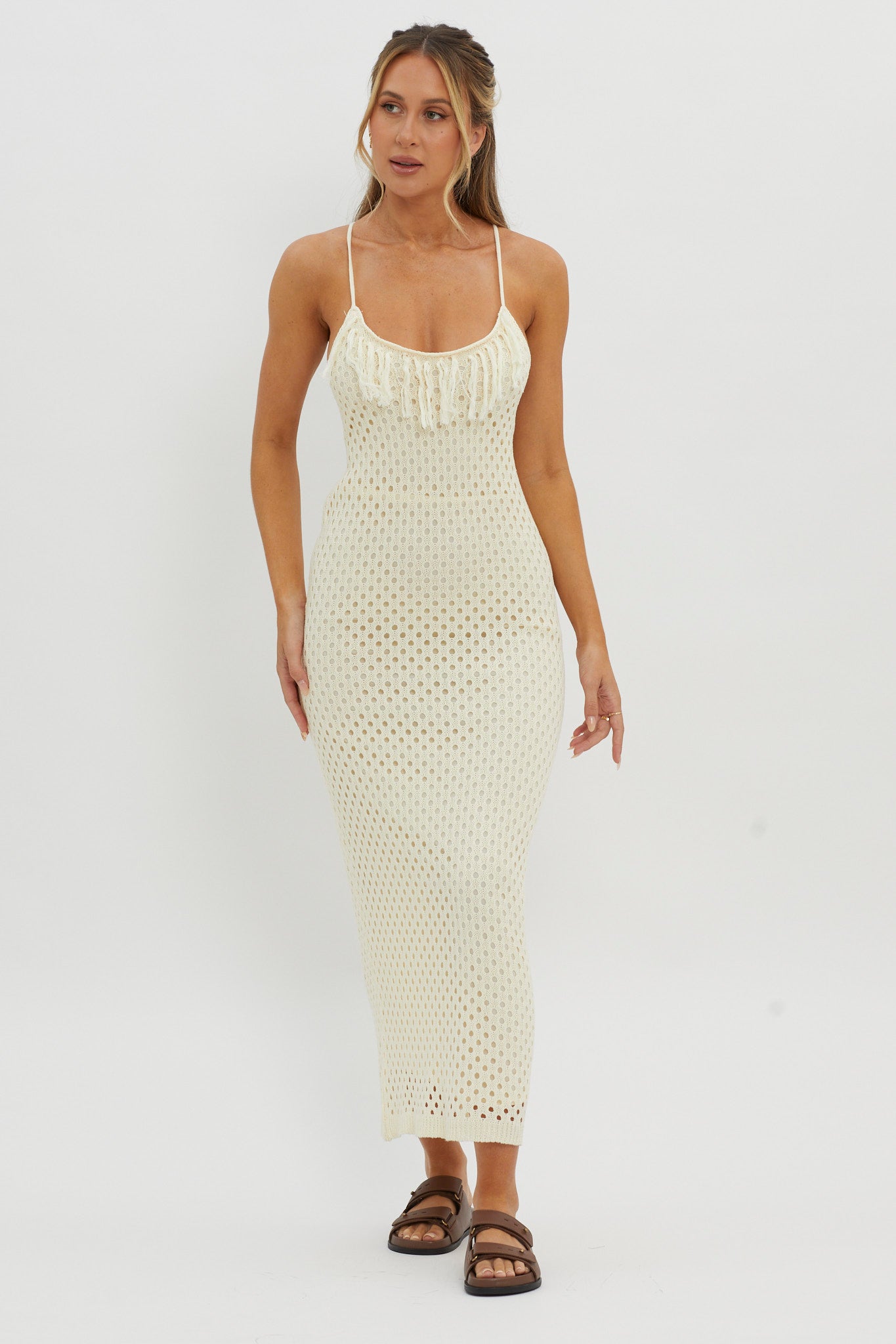Kesha Open Back Crochet Maxi Dress Cream-Maymioy