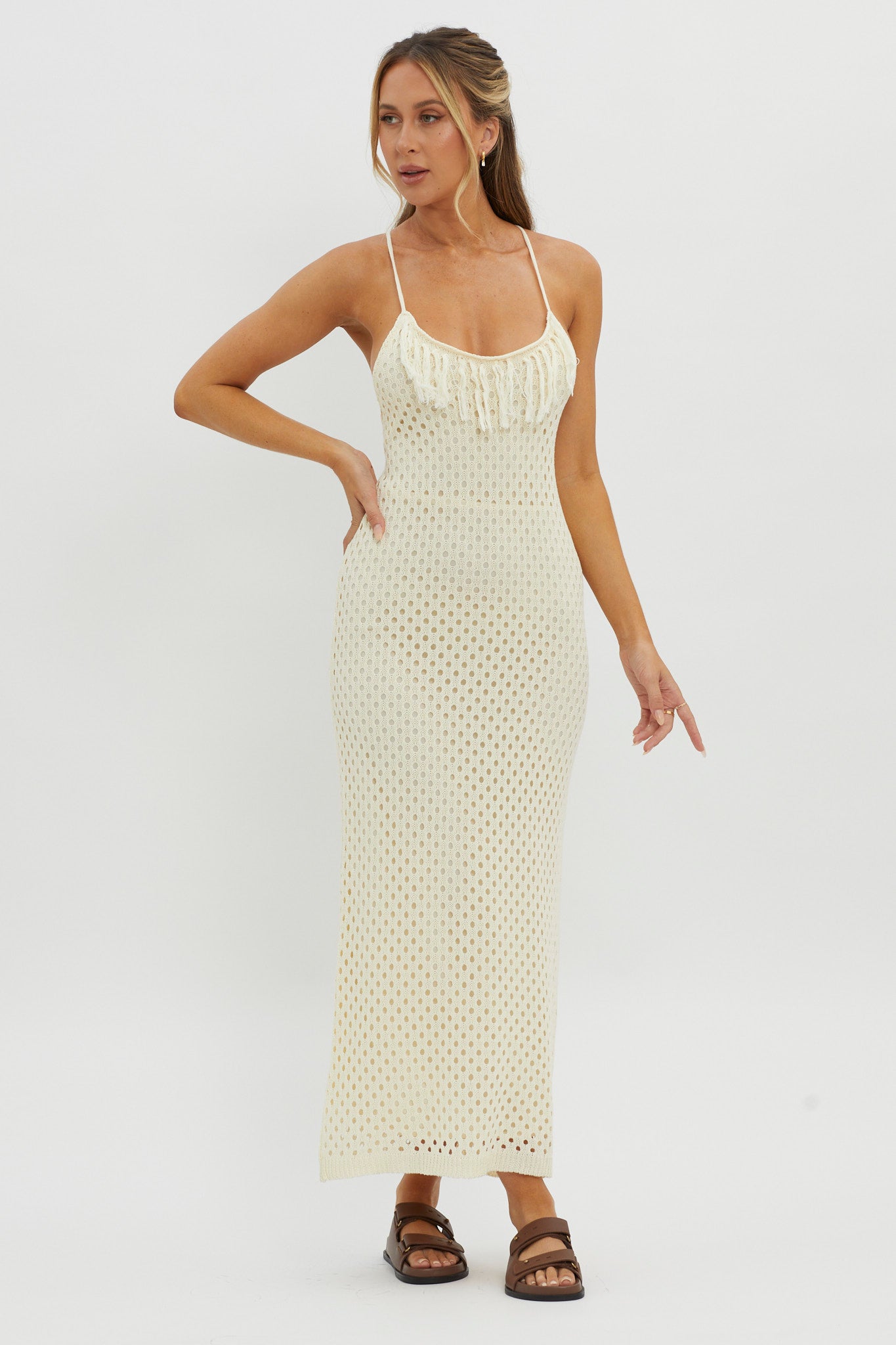 Kesha Open Back Crochet Maxi Dress Cream-Maymioy