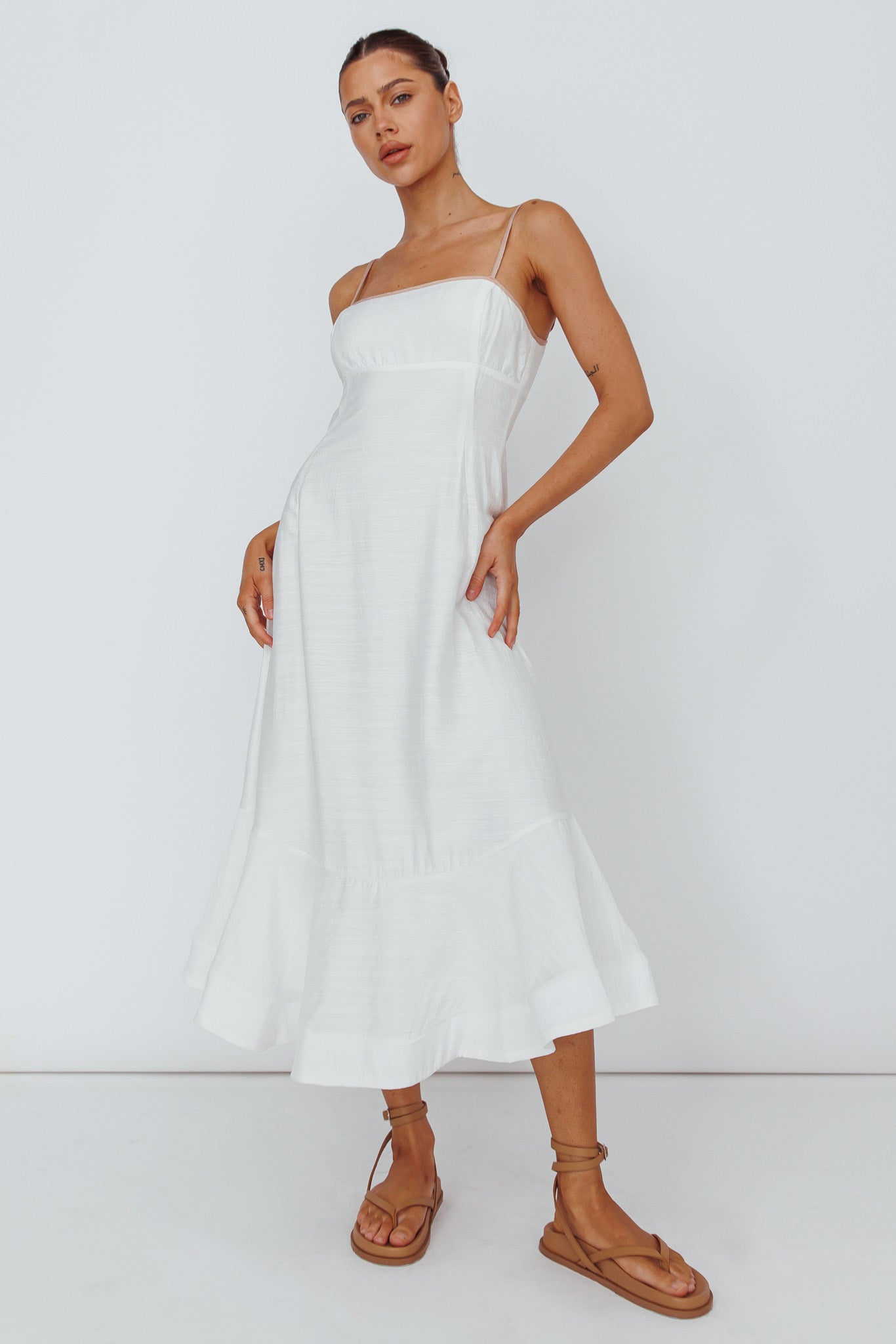 Noni Cami Strap Swing Midi Dress White-Maymioy
