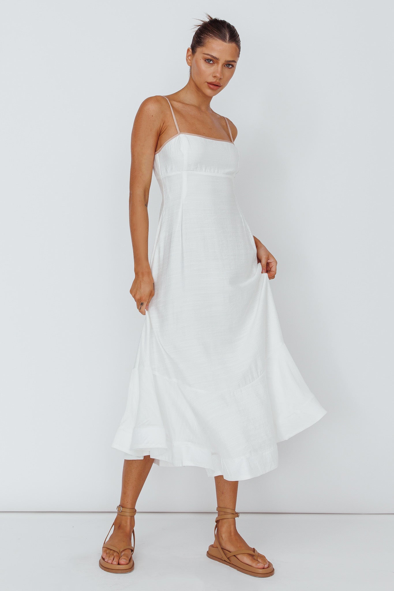 Noni Cami Strap Swing Midi Dress White-Maymioy