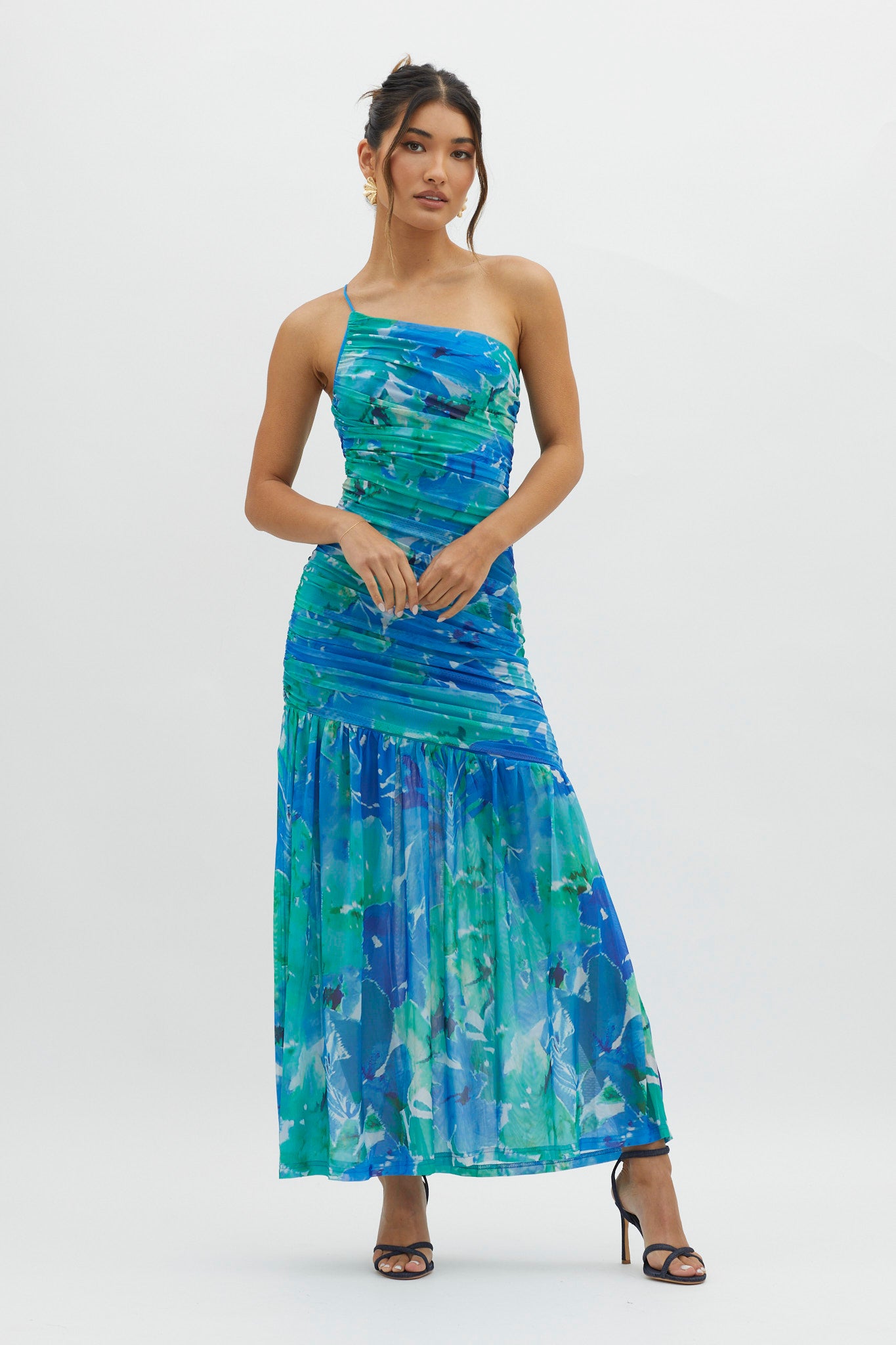 Golden Sun One-Shoulder Ruched Maxi Dress Green-Maymioy