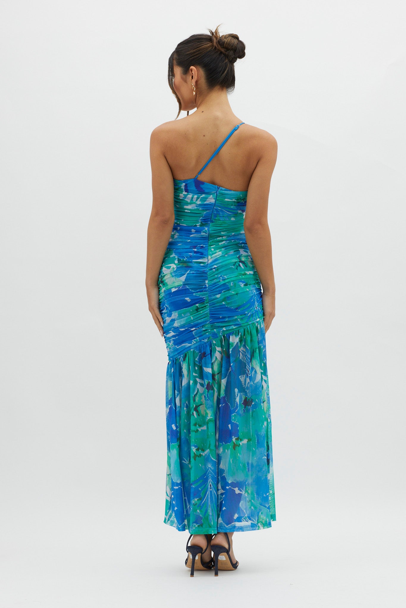 Golden Sun One-Shoulder Ruched Maxi Dress Green-Maymioy