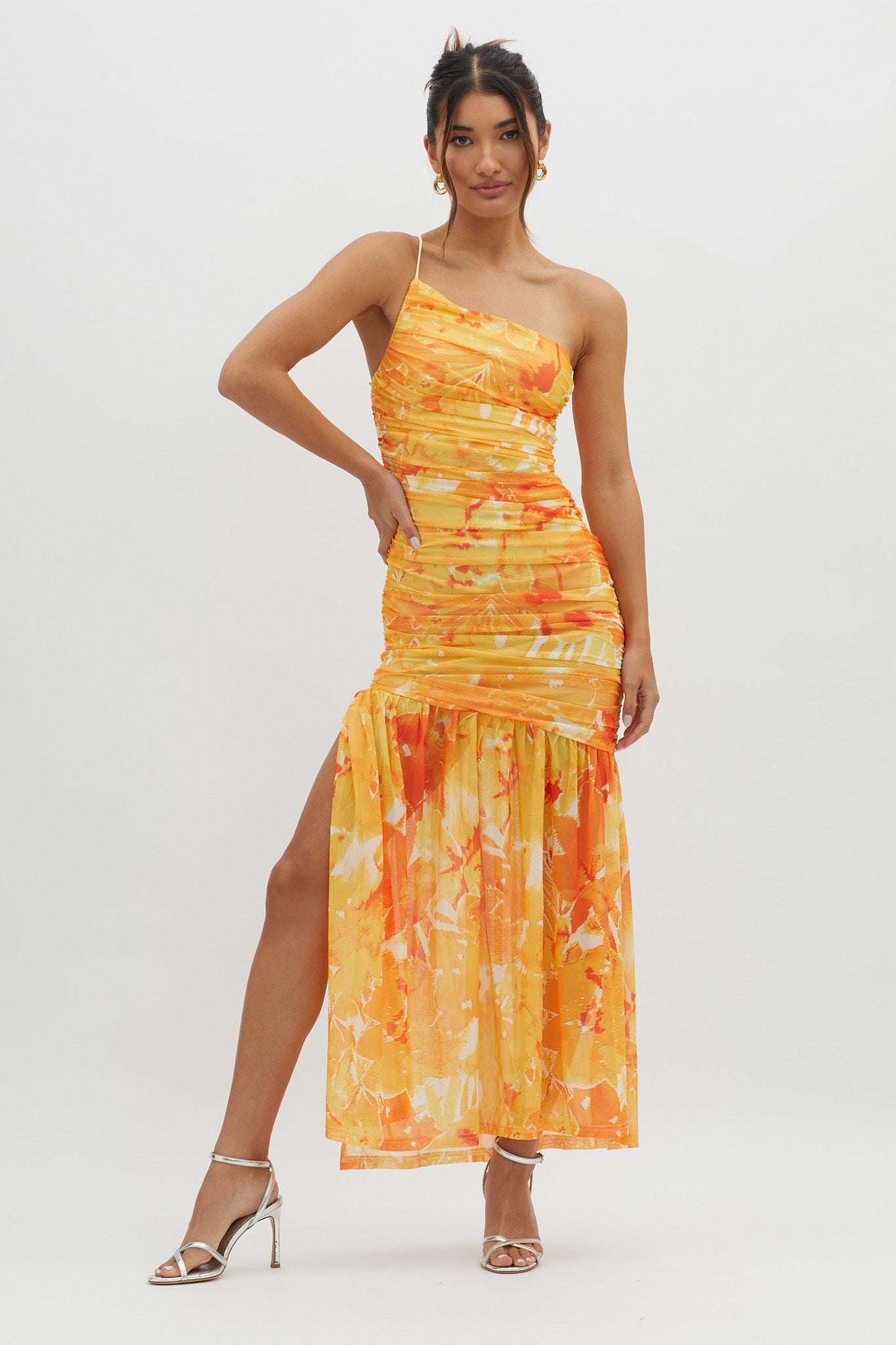 Golden Sun One-Shoulder Ruched Maxi Dress Yellow-Maymioy