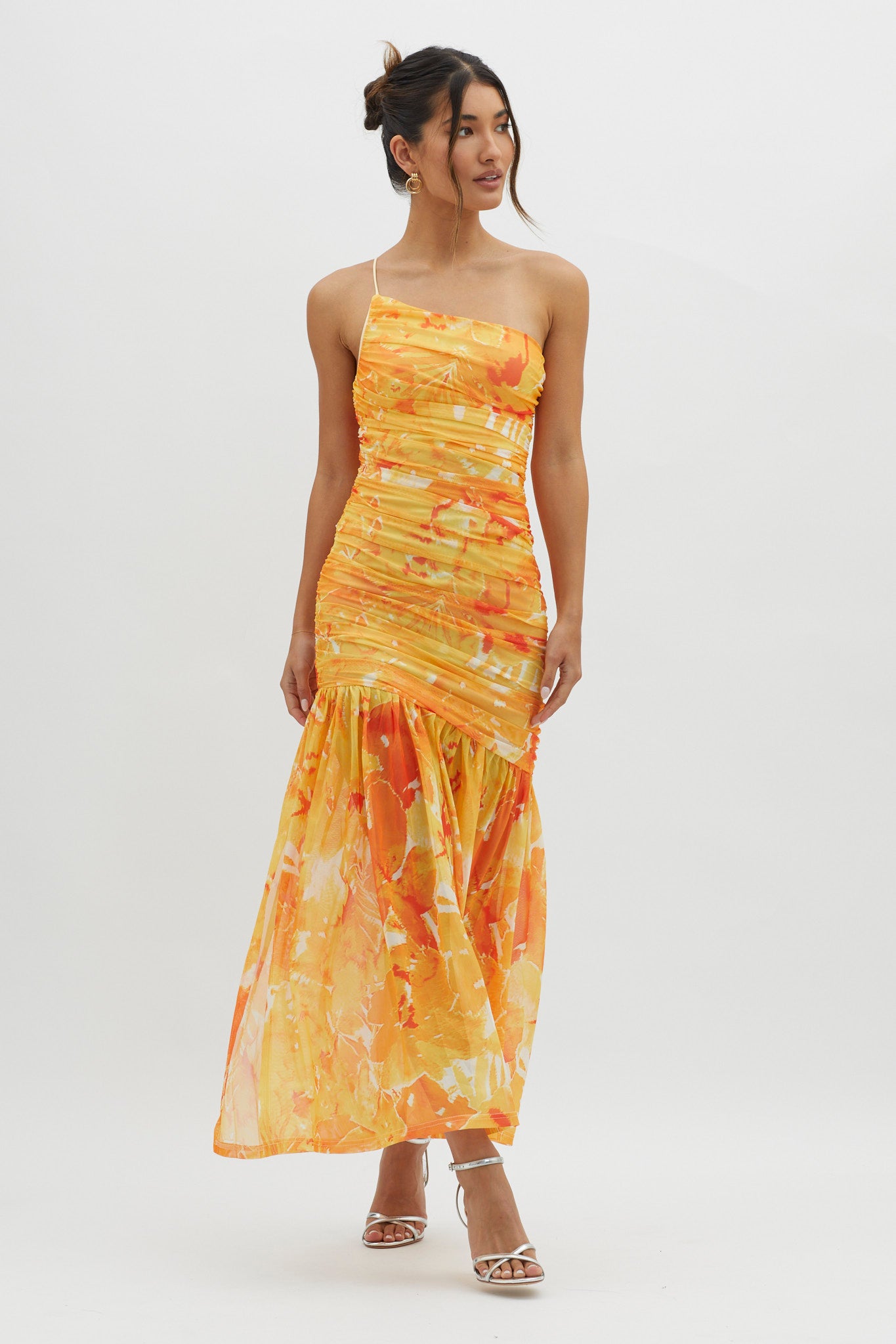 Golden Sun One-Shoulder Ruched Maxi Dress Yellow-Maymioy