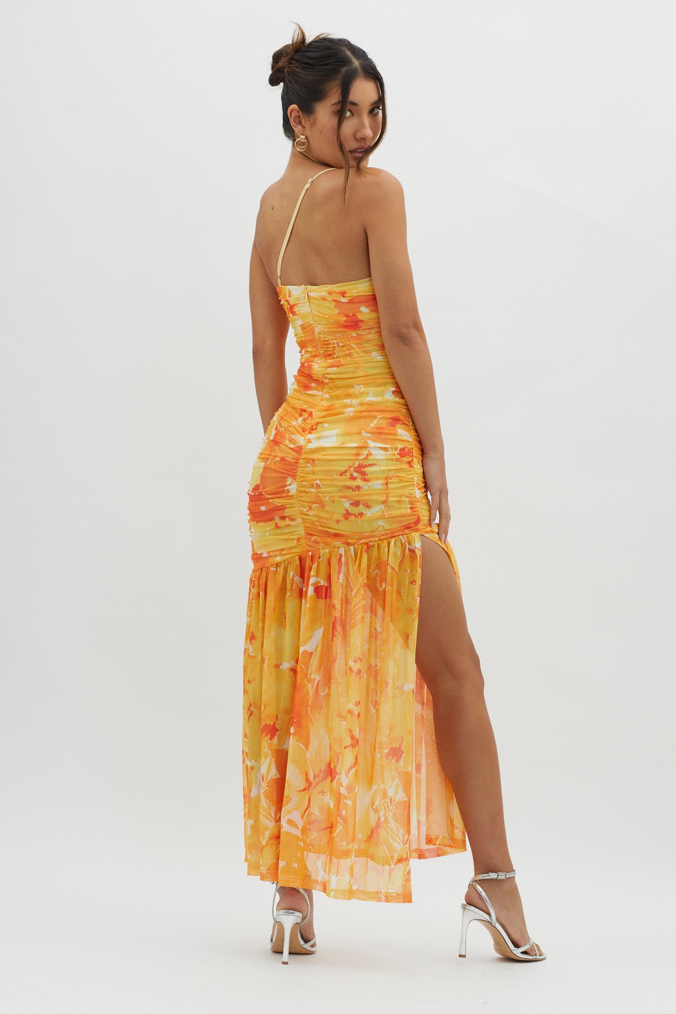 Golden Sun One-Shoulder Ruched Maxi Dress Yellow-Maymioy