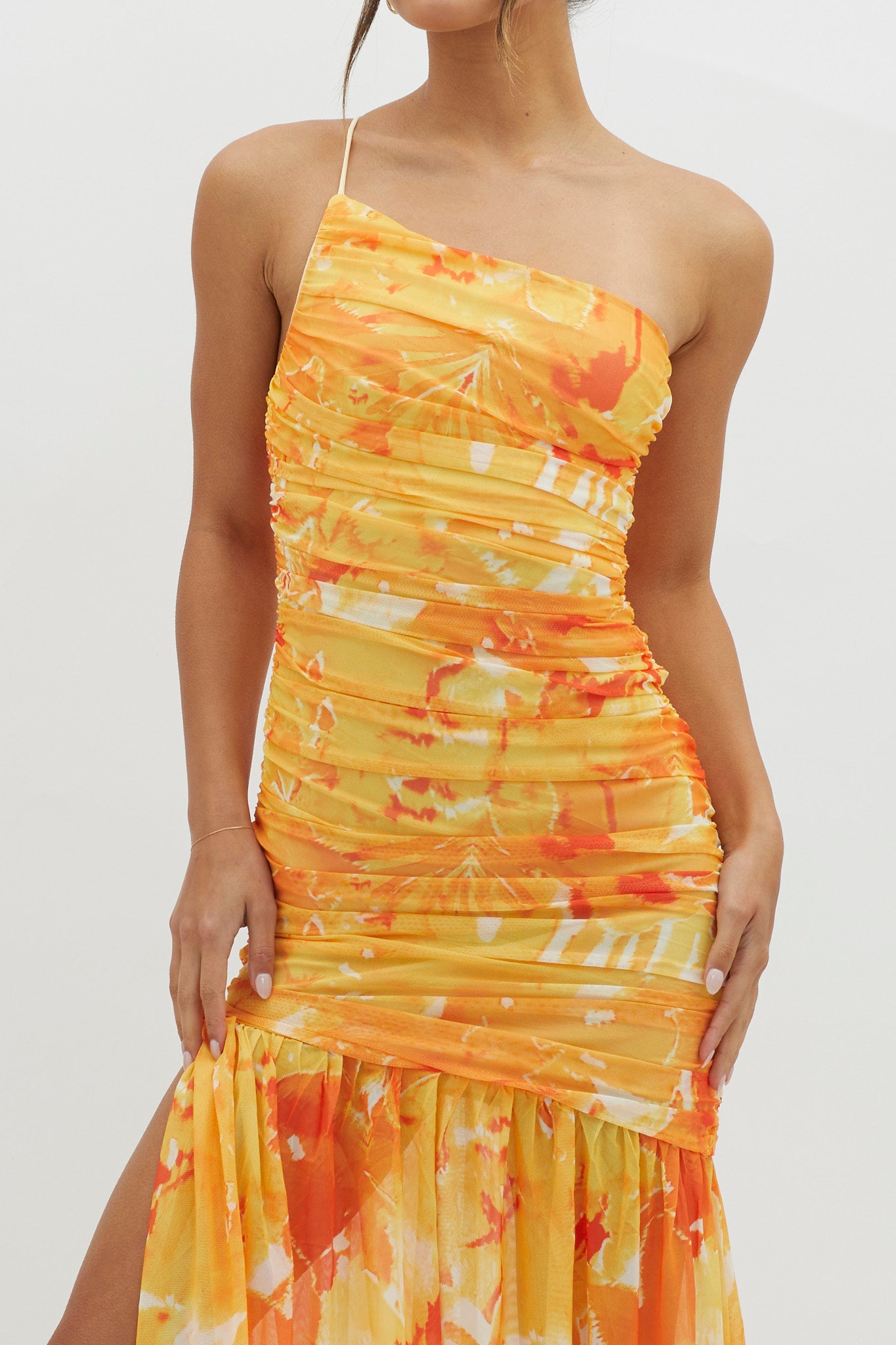 Golden Sun One-Shoulder Ruched Maxi Dress Yellow-Maymioy