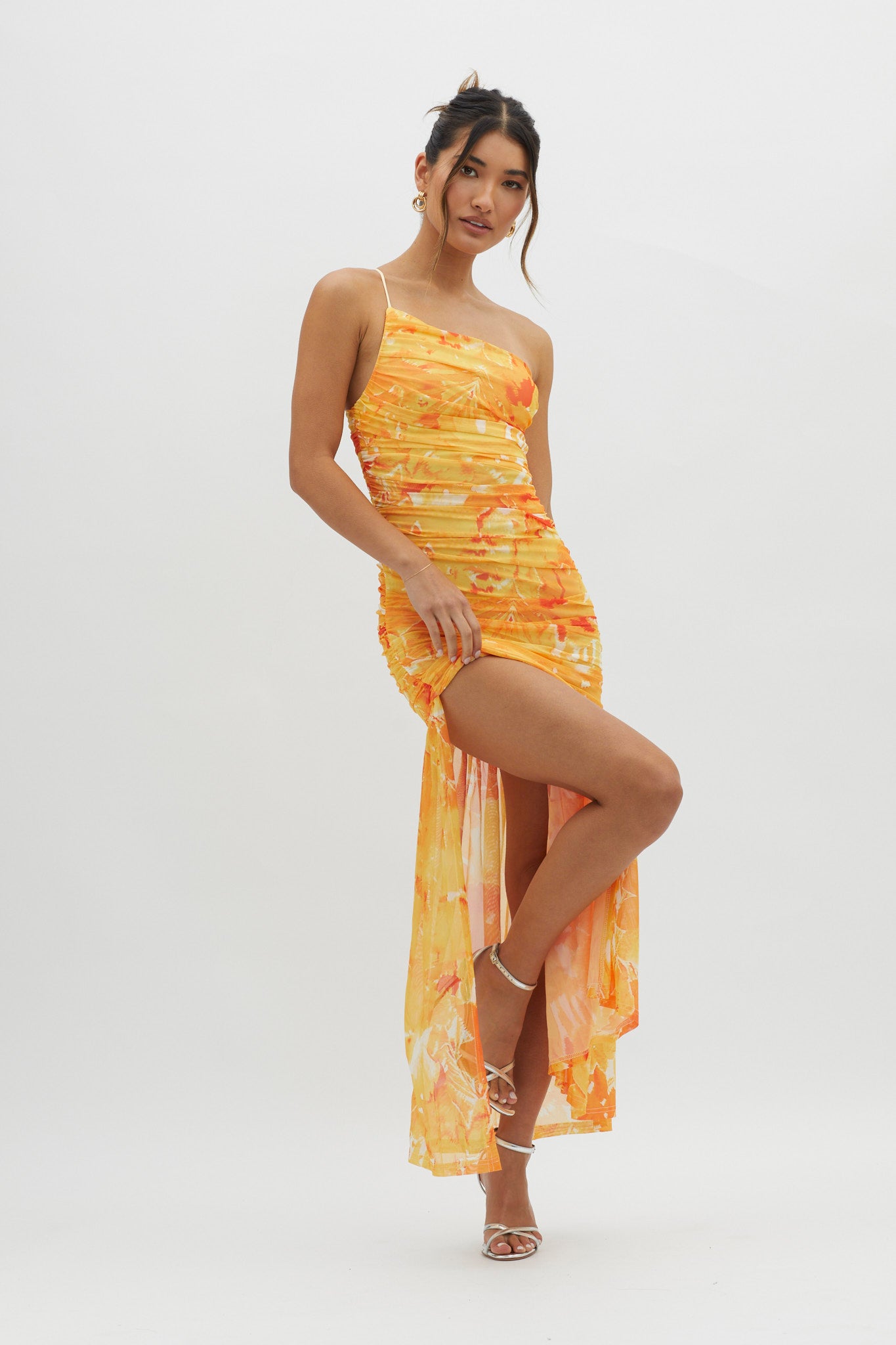 Golden Sun One-Shoulder Ruched Maxi Dress Yellow-Maymioy