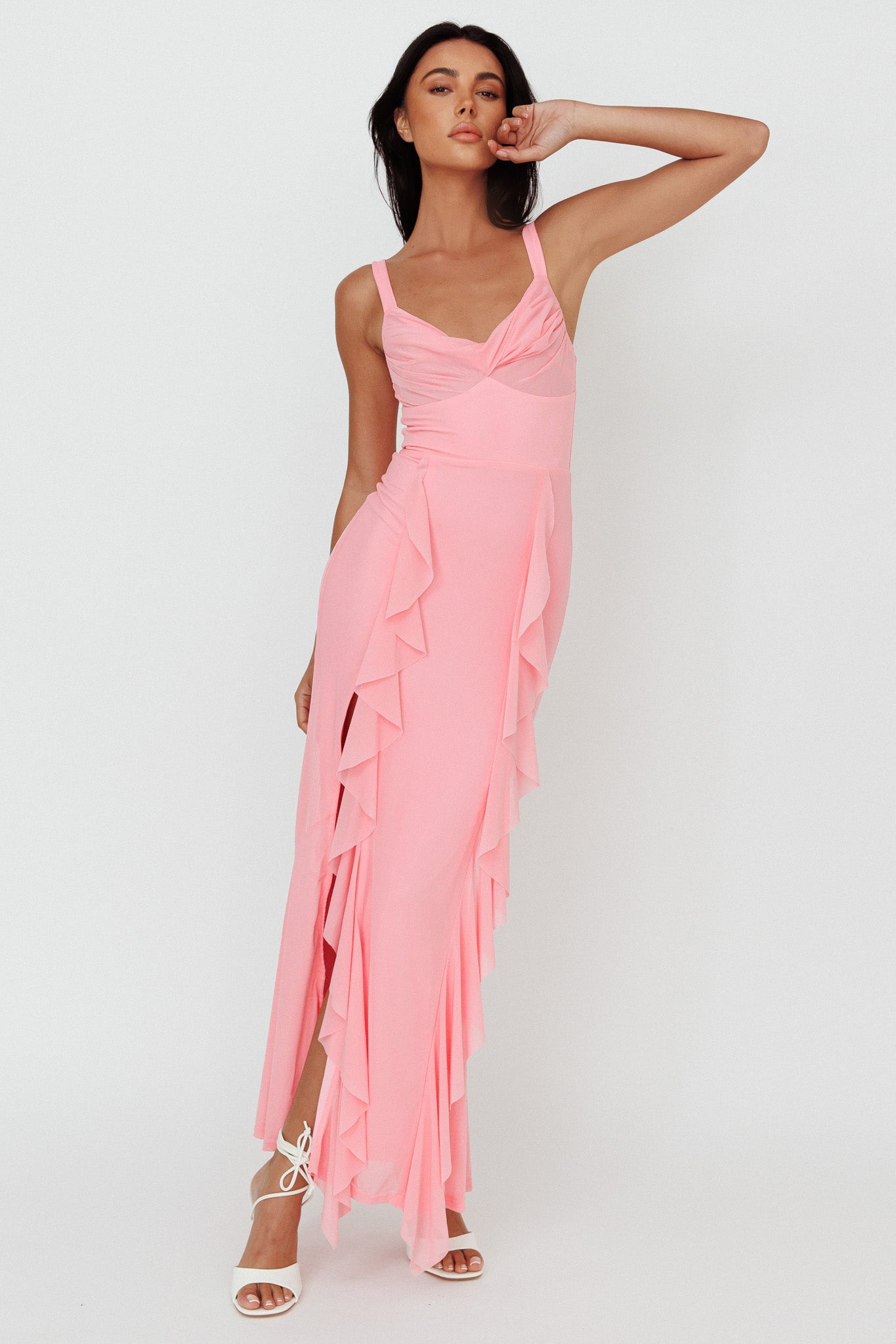 Hollianna Ruffle Trim Split Maxi Dress Blush-Maymioy