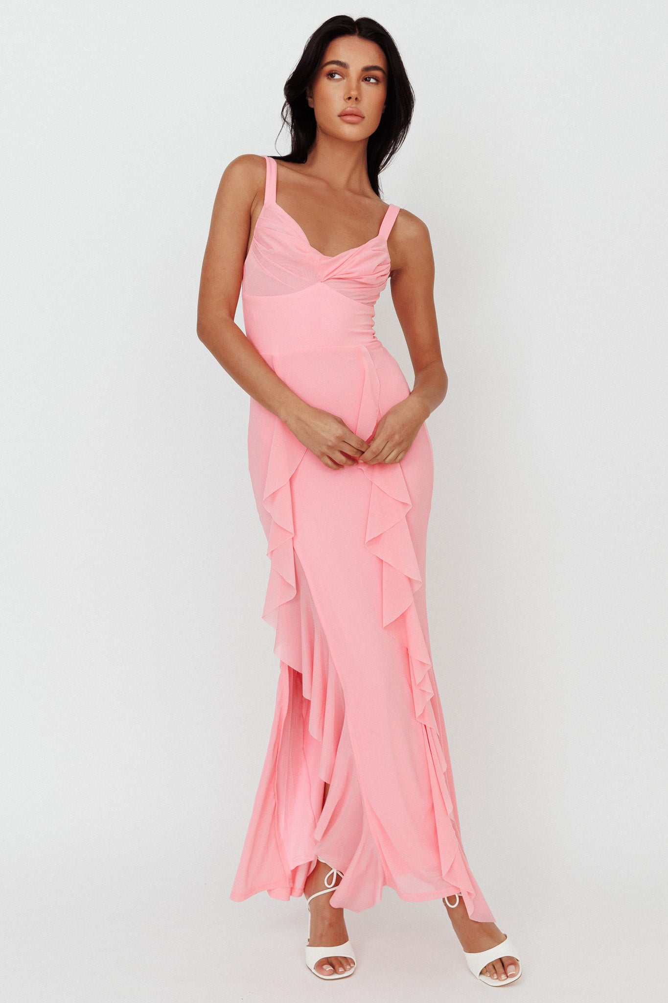 Hollianna Ruffle Trim Split Maxi Dress Blush-Maymioy