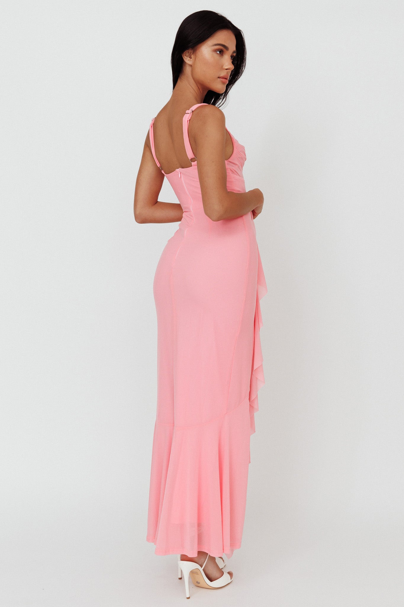 Hollianna Ruffle Trim Split Maxi Dress Blush-Maymioy