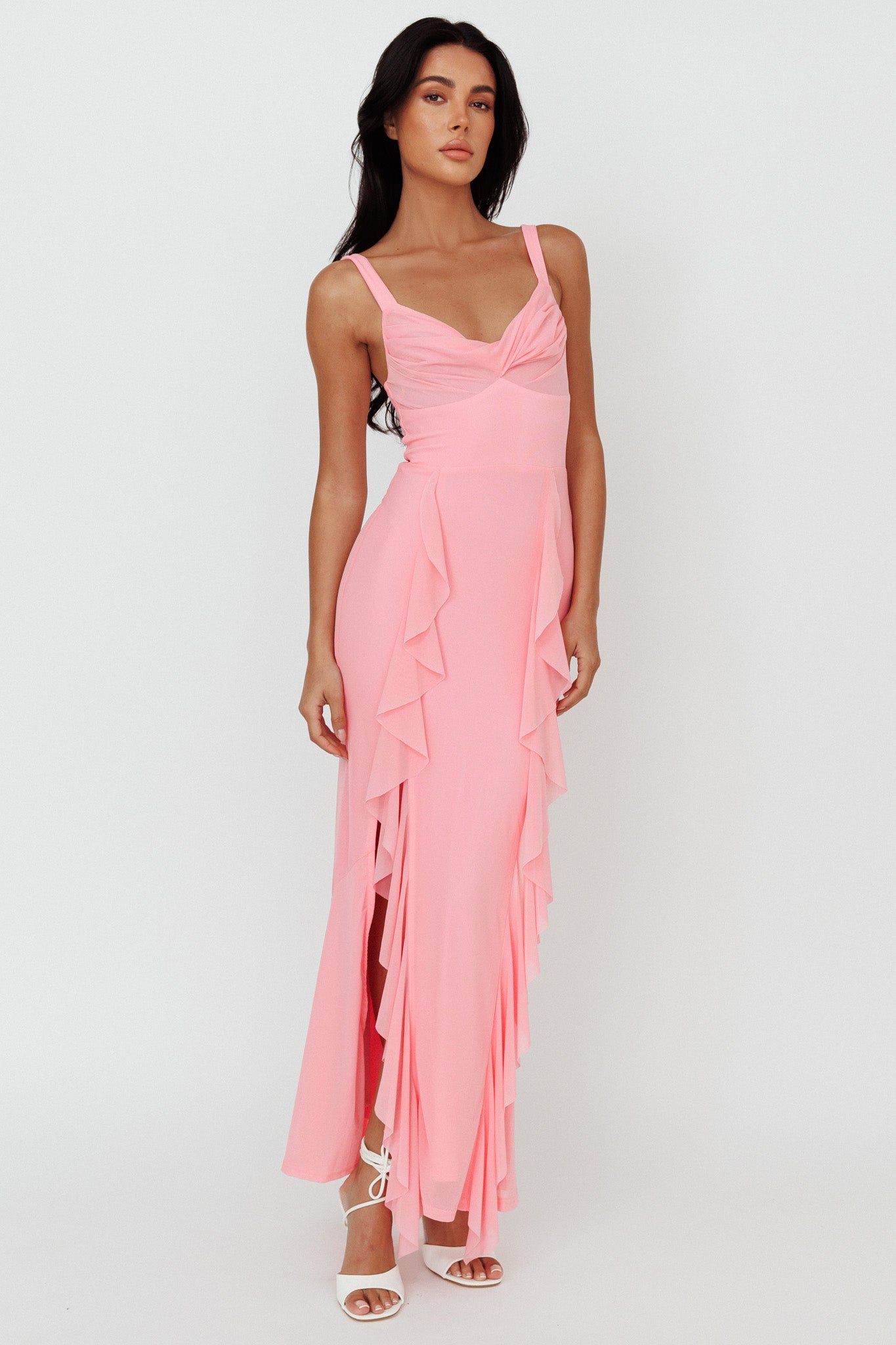 Hollianna Ruffle Trim Split Maxi Dress Blush-Maymioy