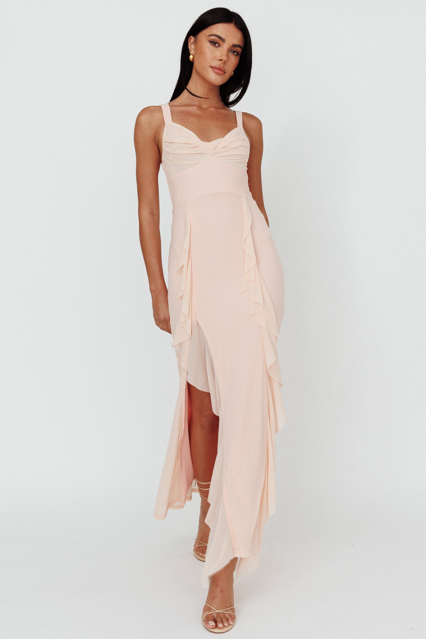 Hollianna Ruffle Trim Split Maxi Dress Champagne-Maymioy