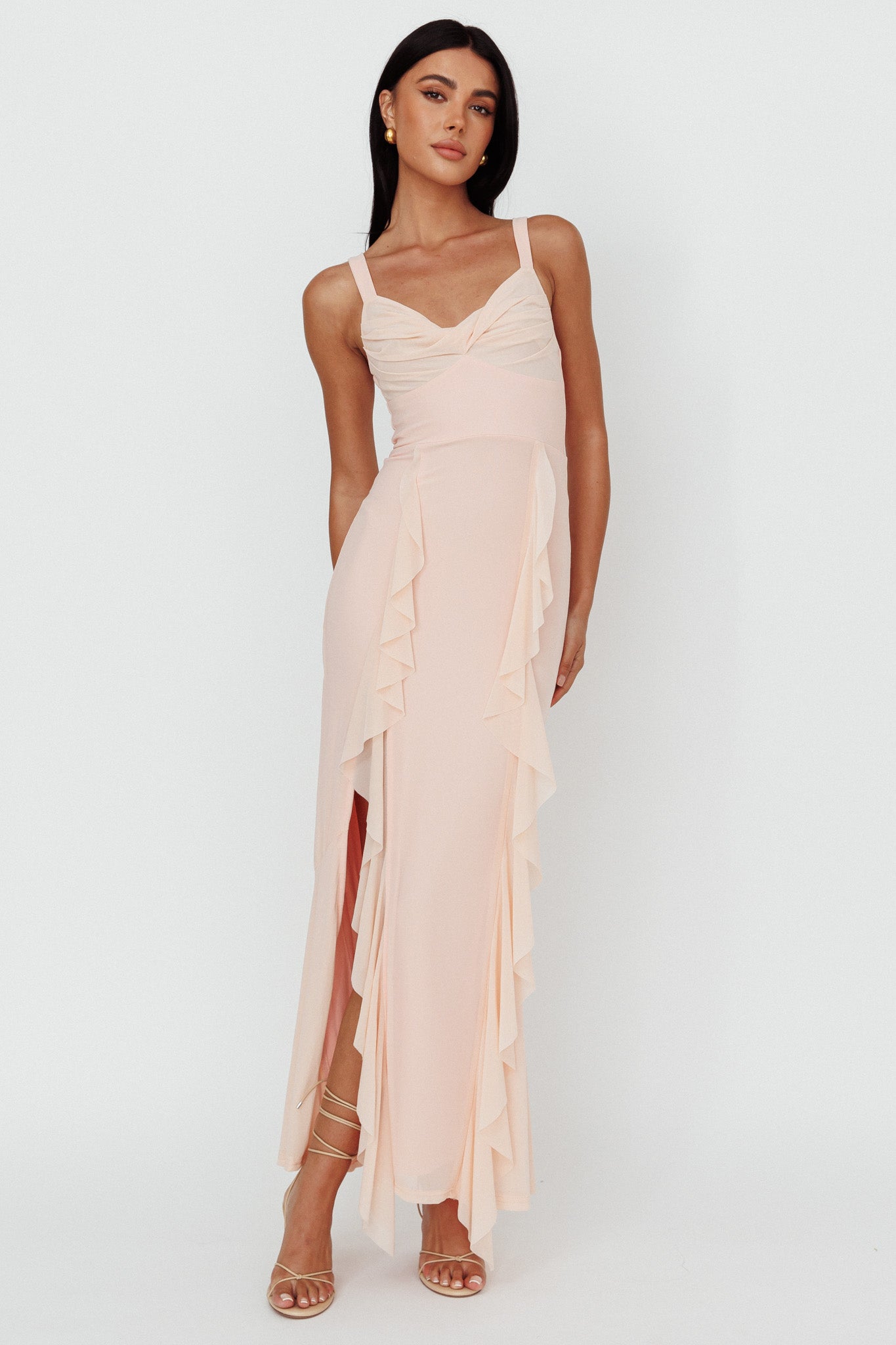 Hollianna Ruffle Trim Split Maxi Dress Champagne-Maymioy