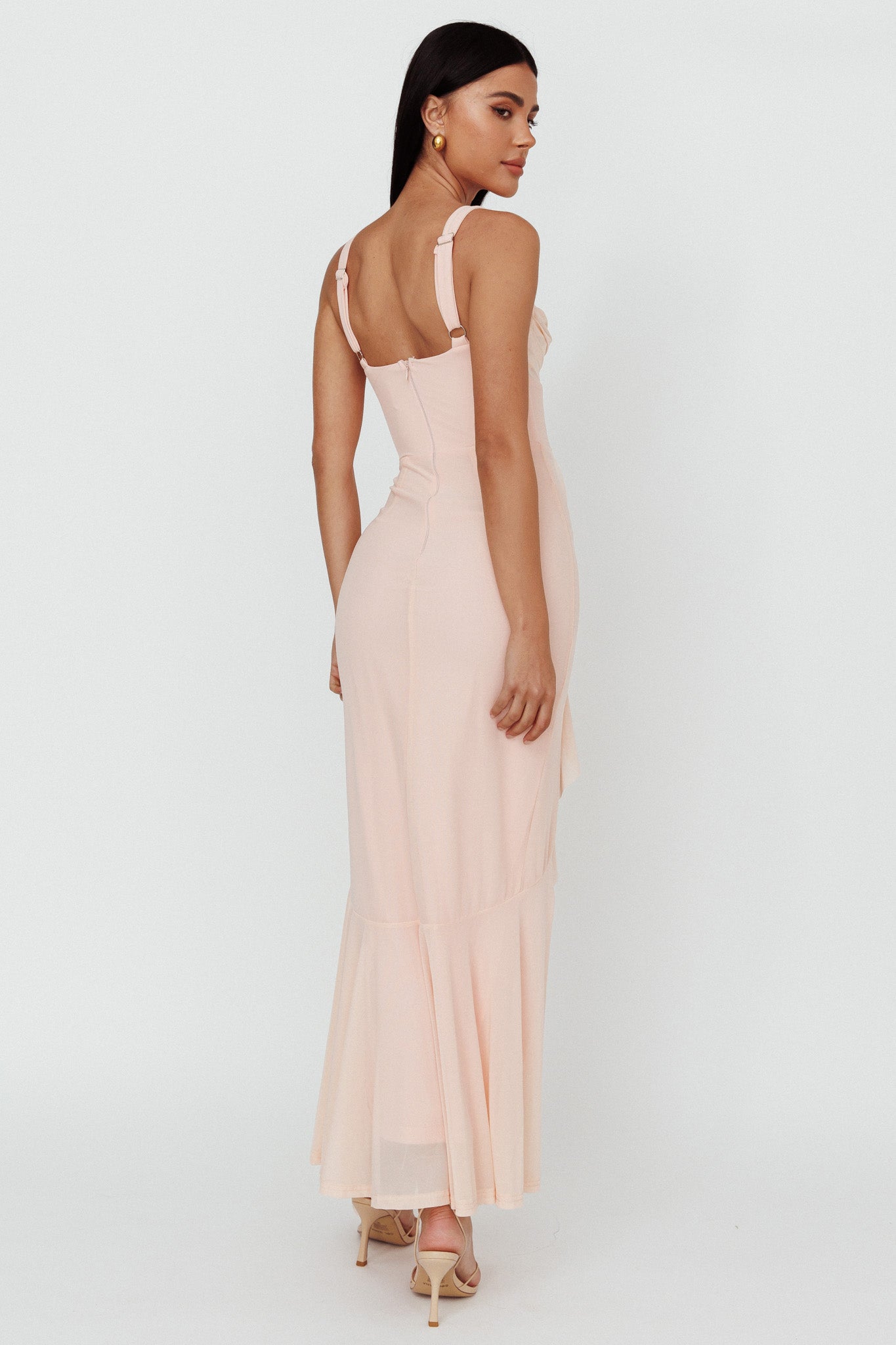 Hollianna Ruffle Trim Split Maxi Dress Champagne-Maymioy