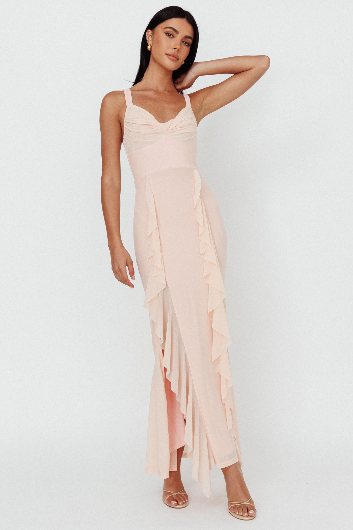 Hollianna Ruffle Trim Split Maxi Dress Champagne-Maymioy