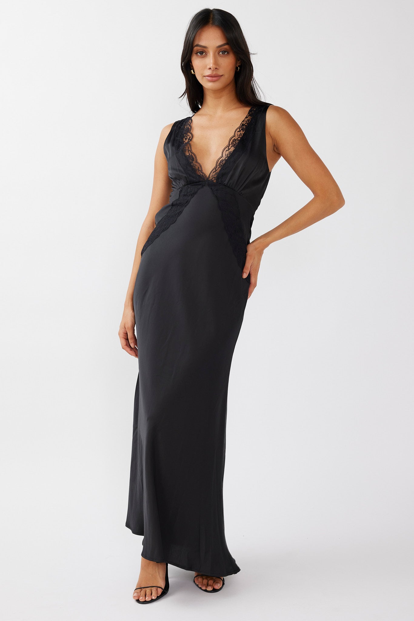 Ivonne Lace Trim V-Neck Maxi Dress Black-Maymioy