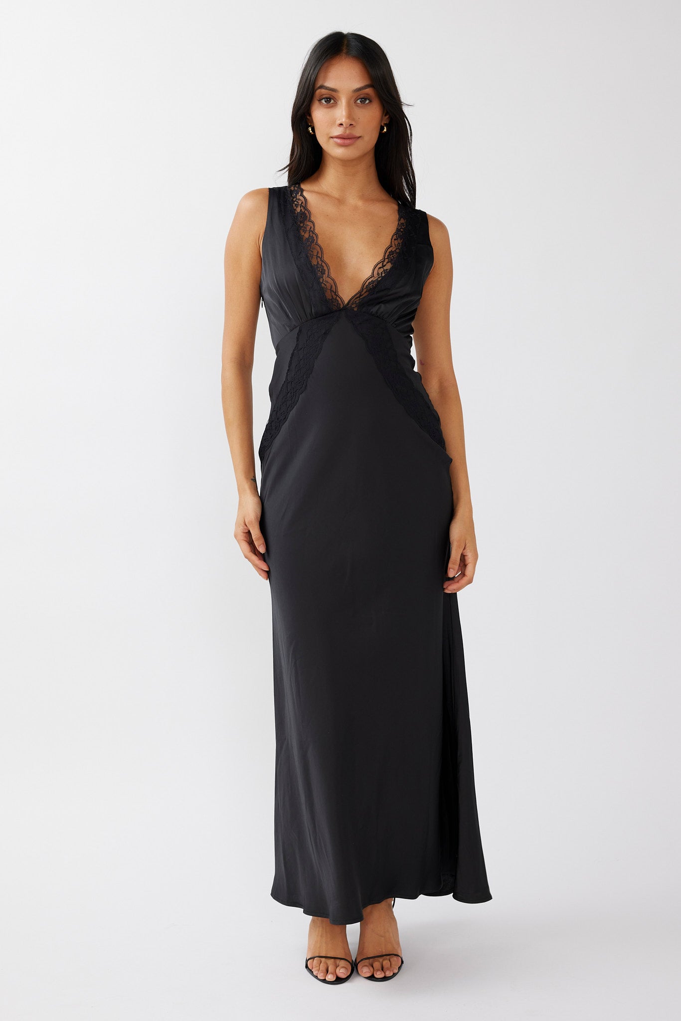 Ivonne Lace Trim V-Neck Maxi Dress Black-Maymioy