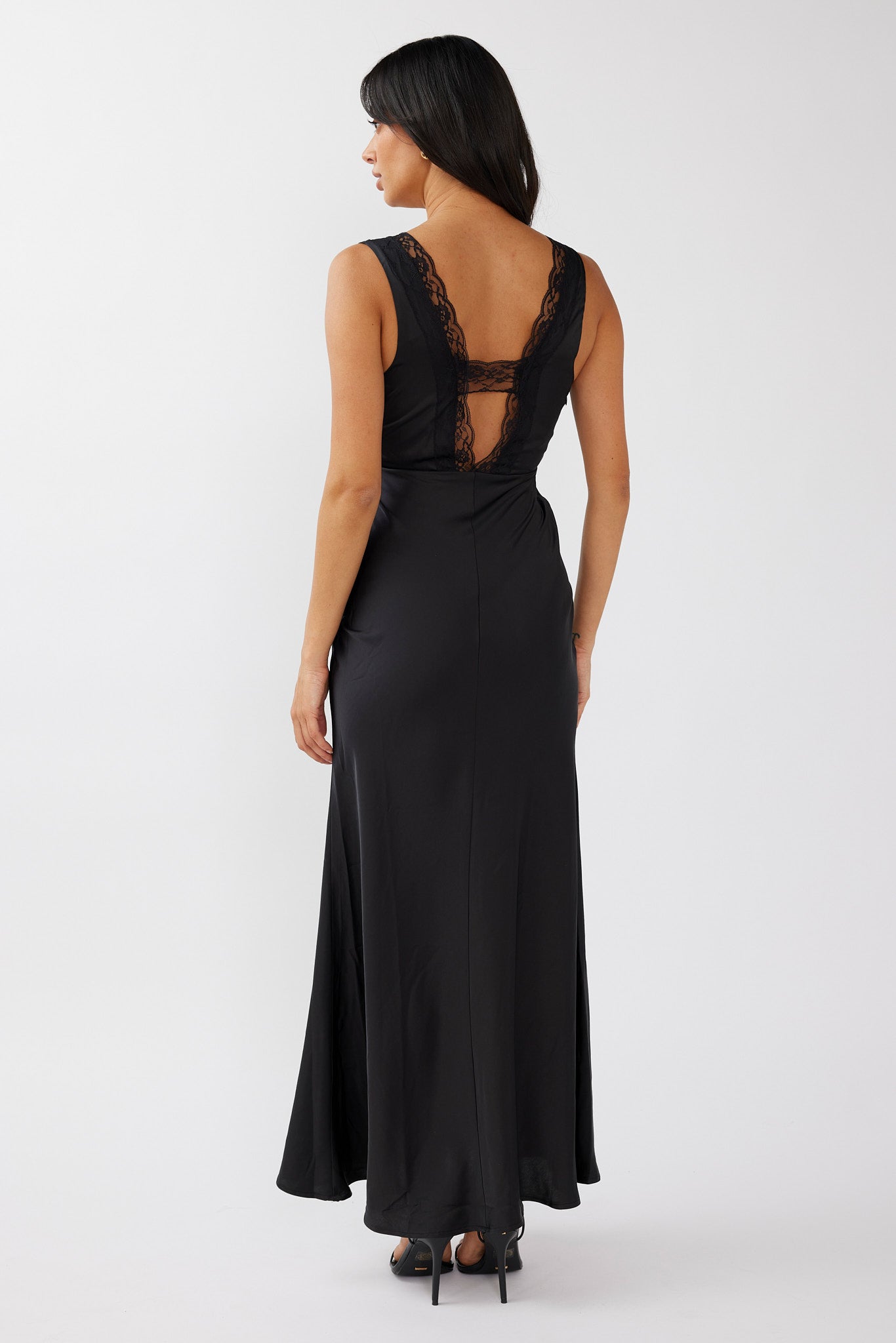 Ivonne Lace Trim V-Neck Maxi Dress Black-Maymioy