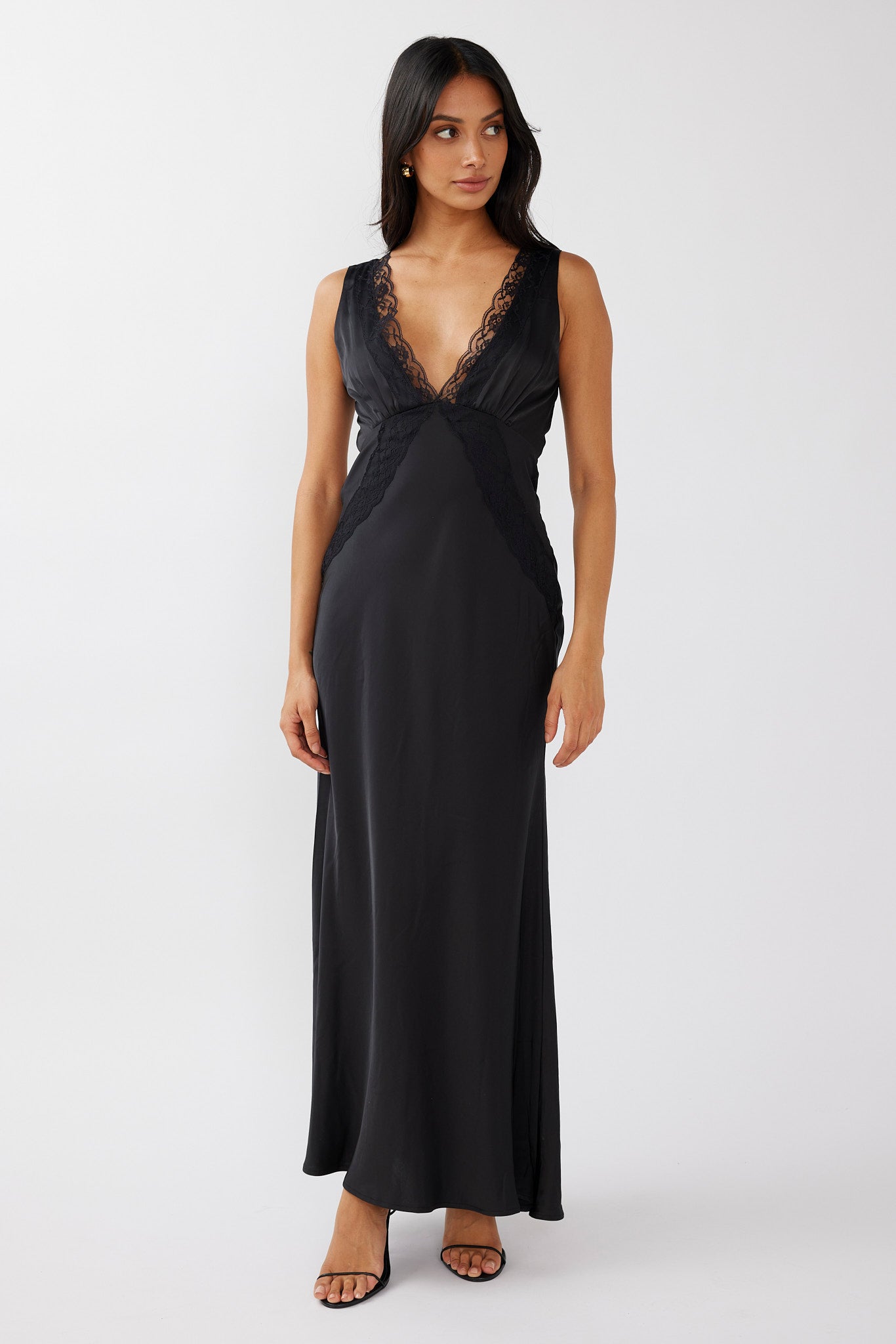 Ivonne Lace Trim V-Neck Maxi Dress Black-Maymioy
