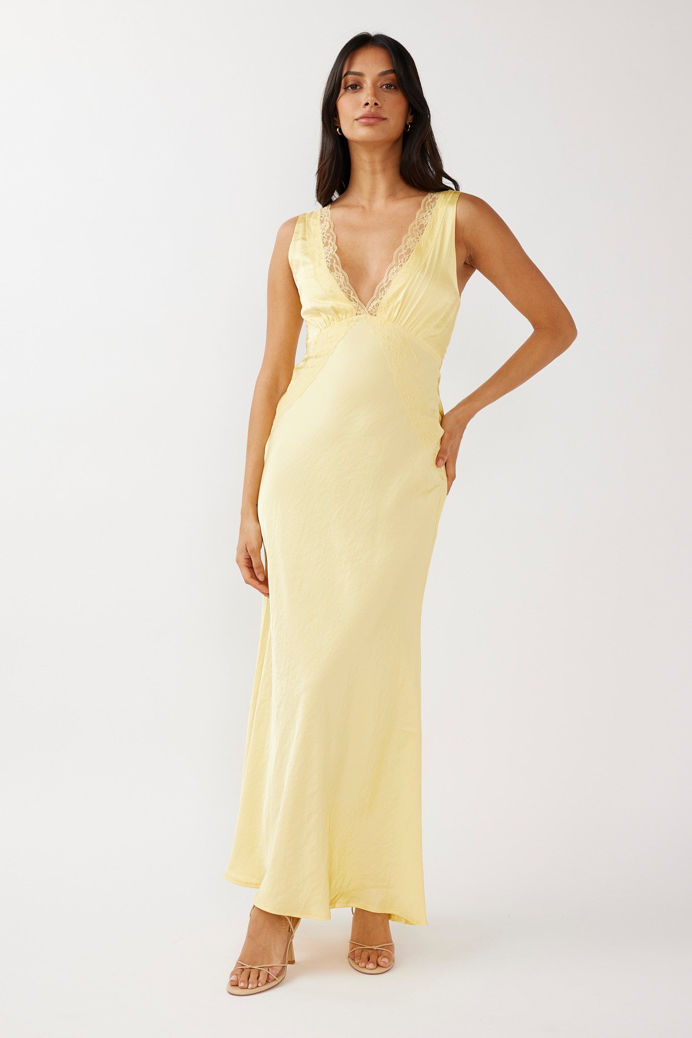 Ivonne Lace Trim V-Neck Maxi Dress Yellow-Maymioy