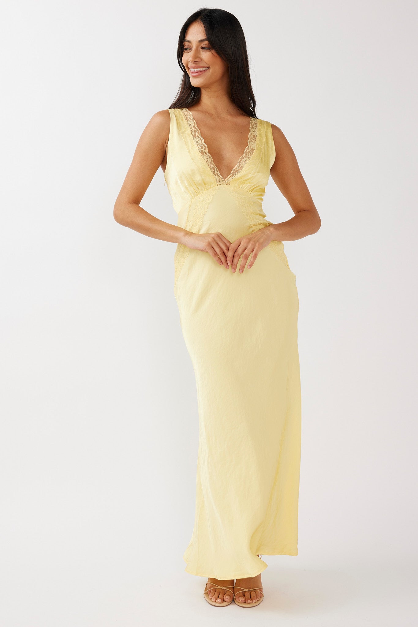 Ivonne Lace Trim V-Neck Maxi Dress Yellow-Maymioy