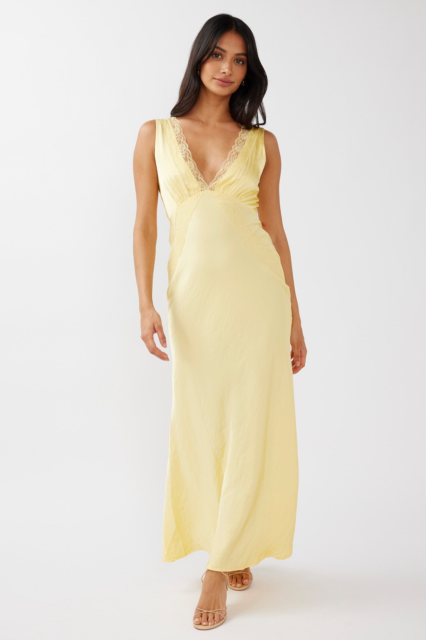 Ivonne Lace Trim V-Neck Maxi Dress Yellow-Maymioy
