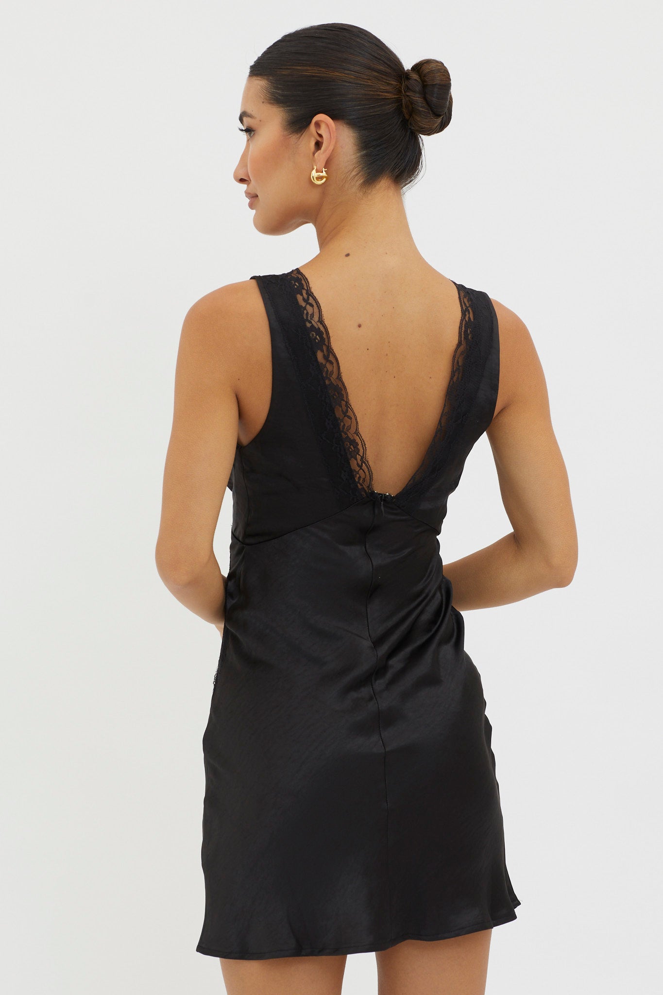 Ivonne Lace Trim V-Neck Mini Dress Black-Maymioy