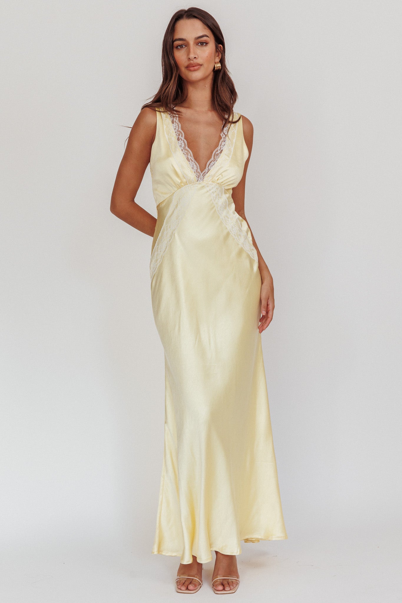 Ivonne Lace Trim V-Neck Maxi Dress Butter-Maymioy
