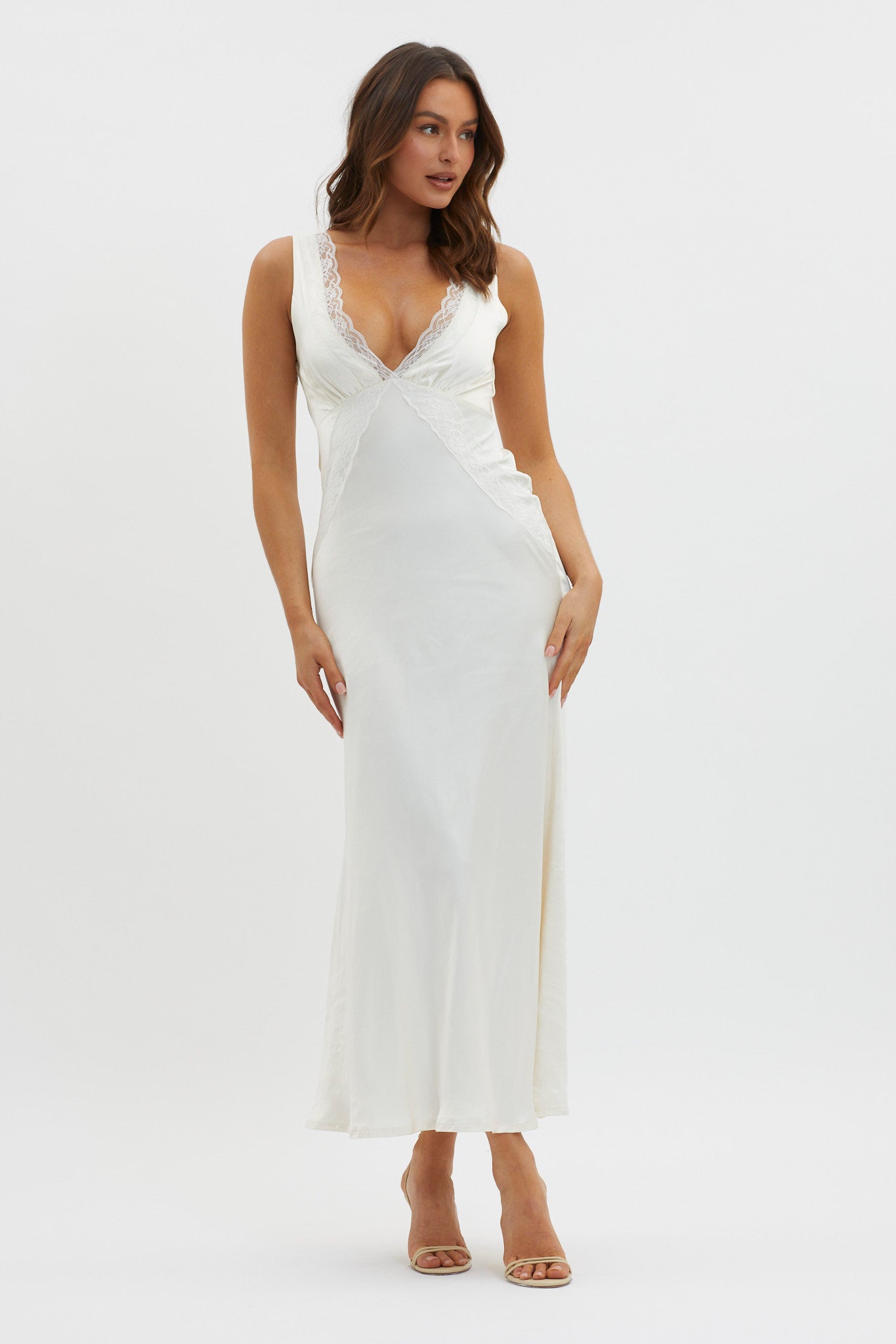 Ivonne Lace Trim V-Neck Maxi Dress Oyster-Maymioy
