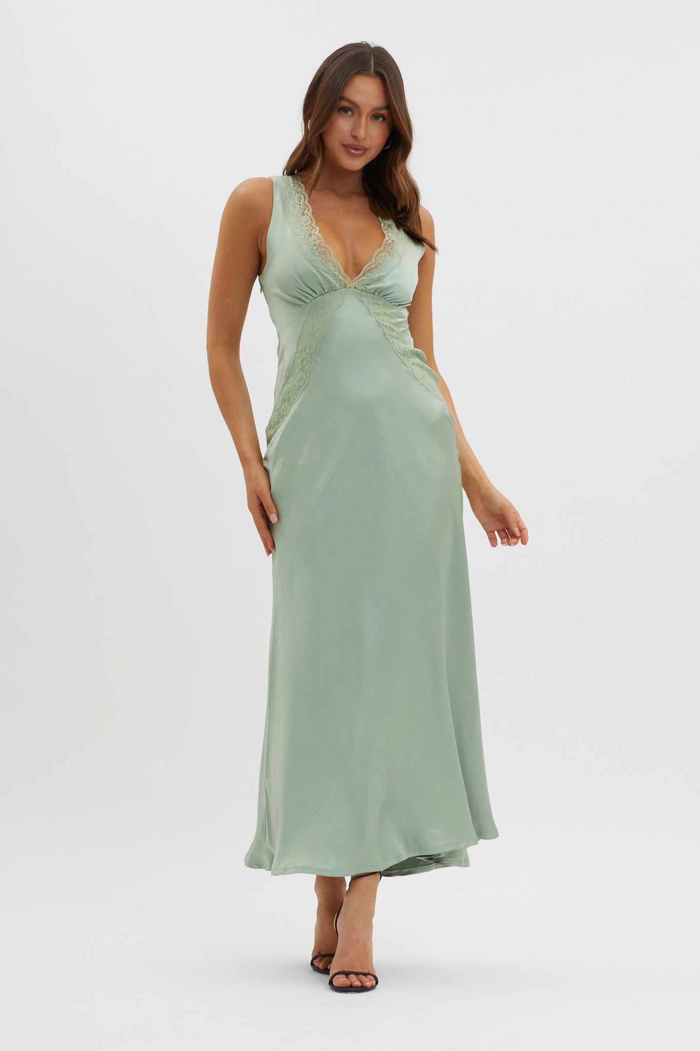 Ivonne Lace Trim V-Neck Maxi Dress Sage-Maymioy