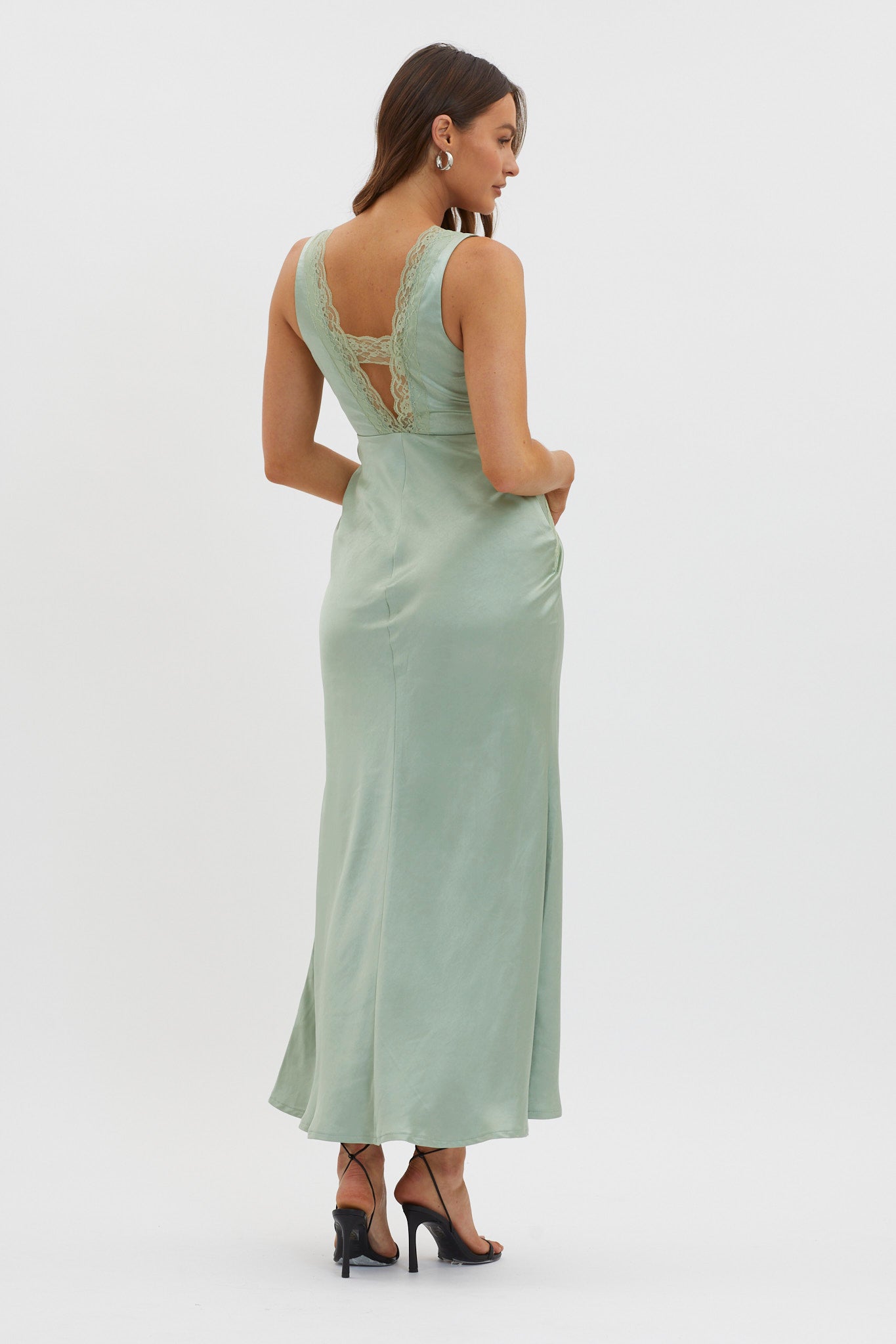 Ivonne Lace Trim V-Neck Maxi Dress Sage-Maymioy