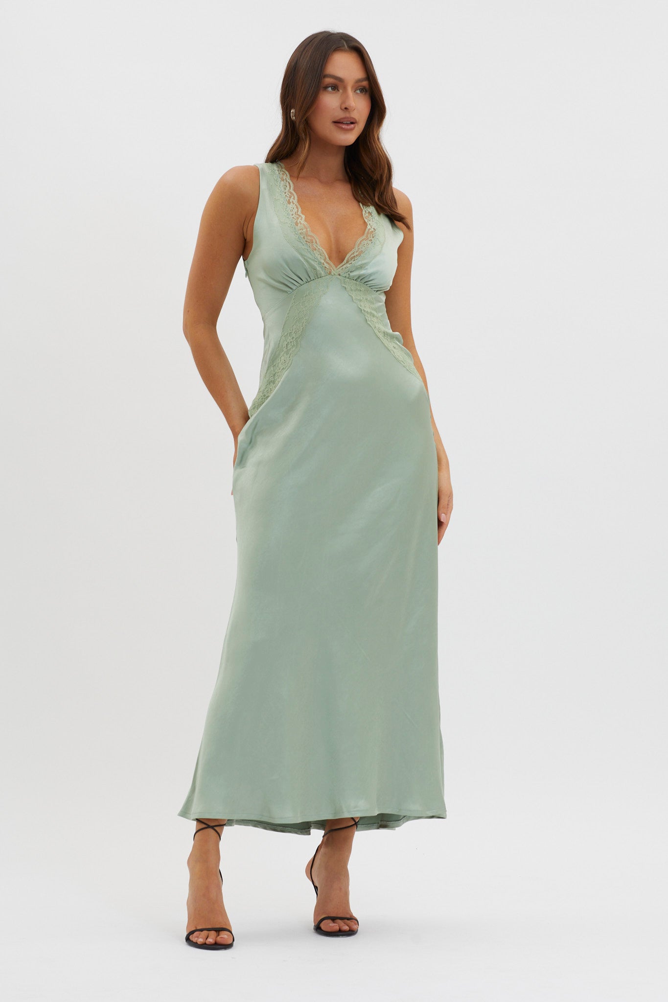 Ivonne Lace Trim V-Neck Maxi Dress Sage-Maymioy