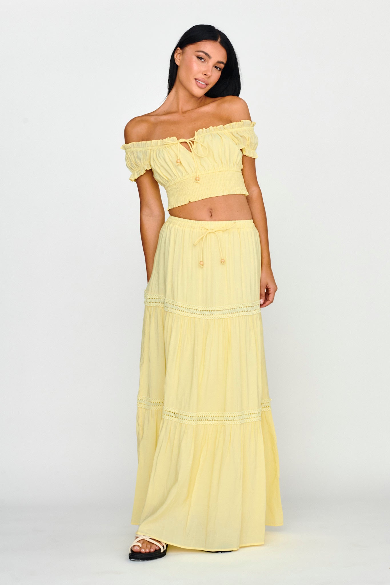 Canyon Cove Crochet Trim Maxi Skirt Yellow-Maymioy