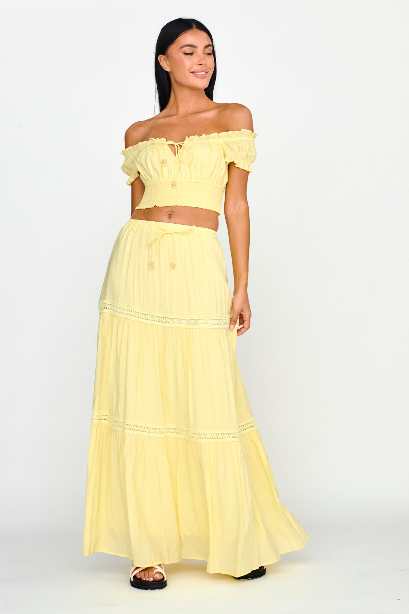 Canyon Cove Crochet Trim Maxi Skirt Yellow-Maymioy