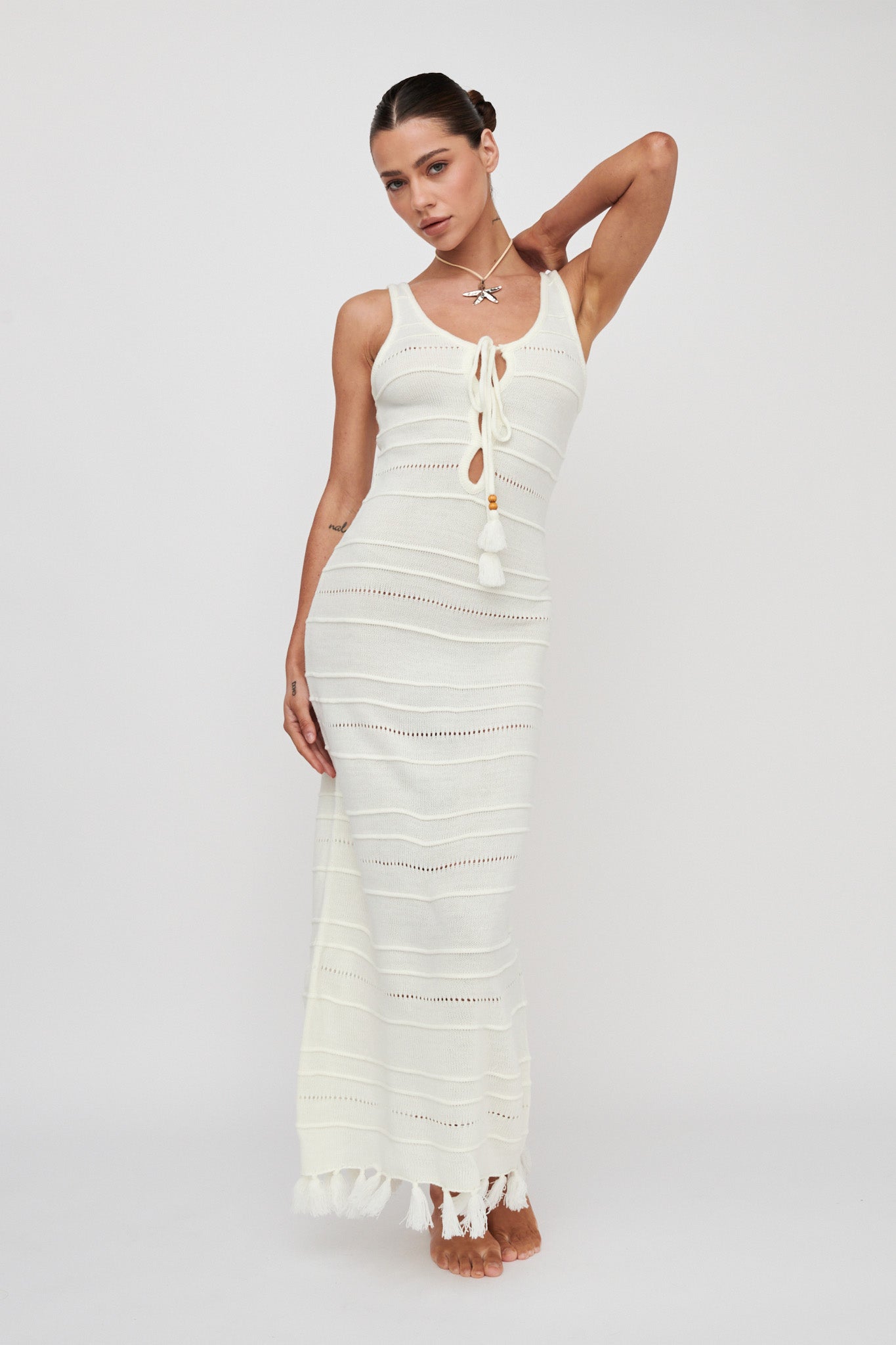 Sunlight Bust Tie Knit Maxi Dress White-Maymioy