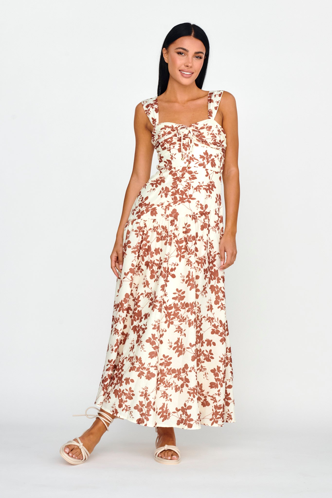 Nichola Ruched Bust Midi Dress Floral Brown-Maymioy