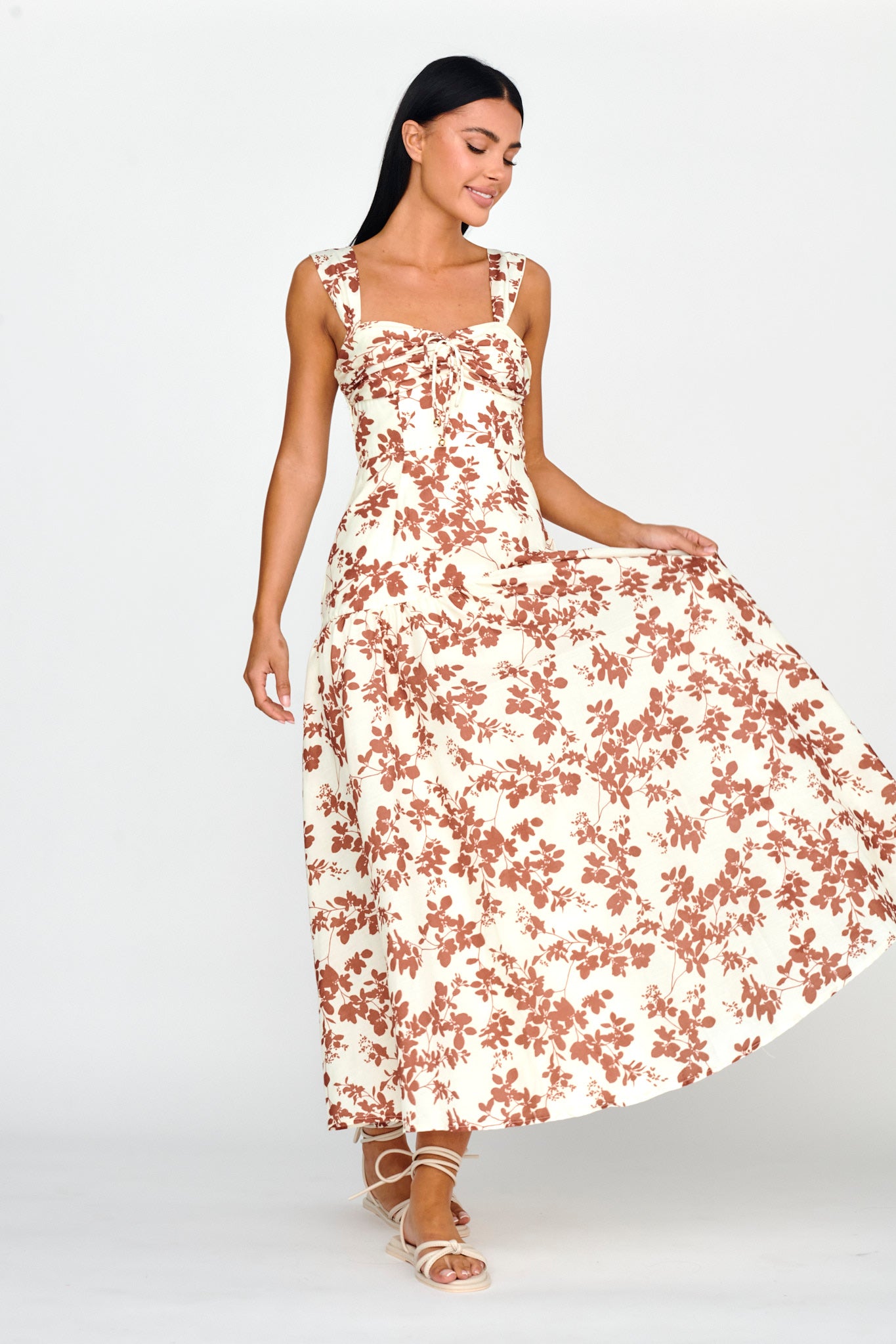 Nichola Ruched Bust Midi Dress Floral Brown-Maymioy