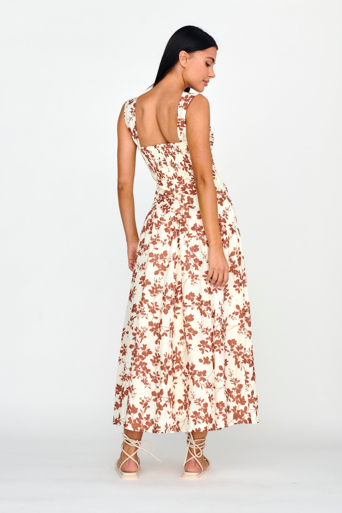 Nichola Ruched Bust Midi Dress Floral Brown-Maymioy
