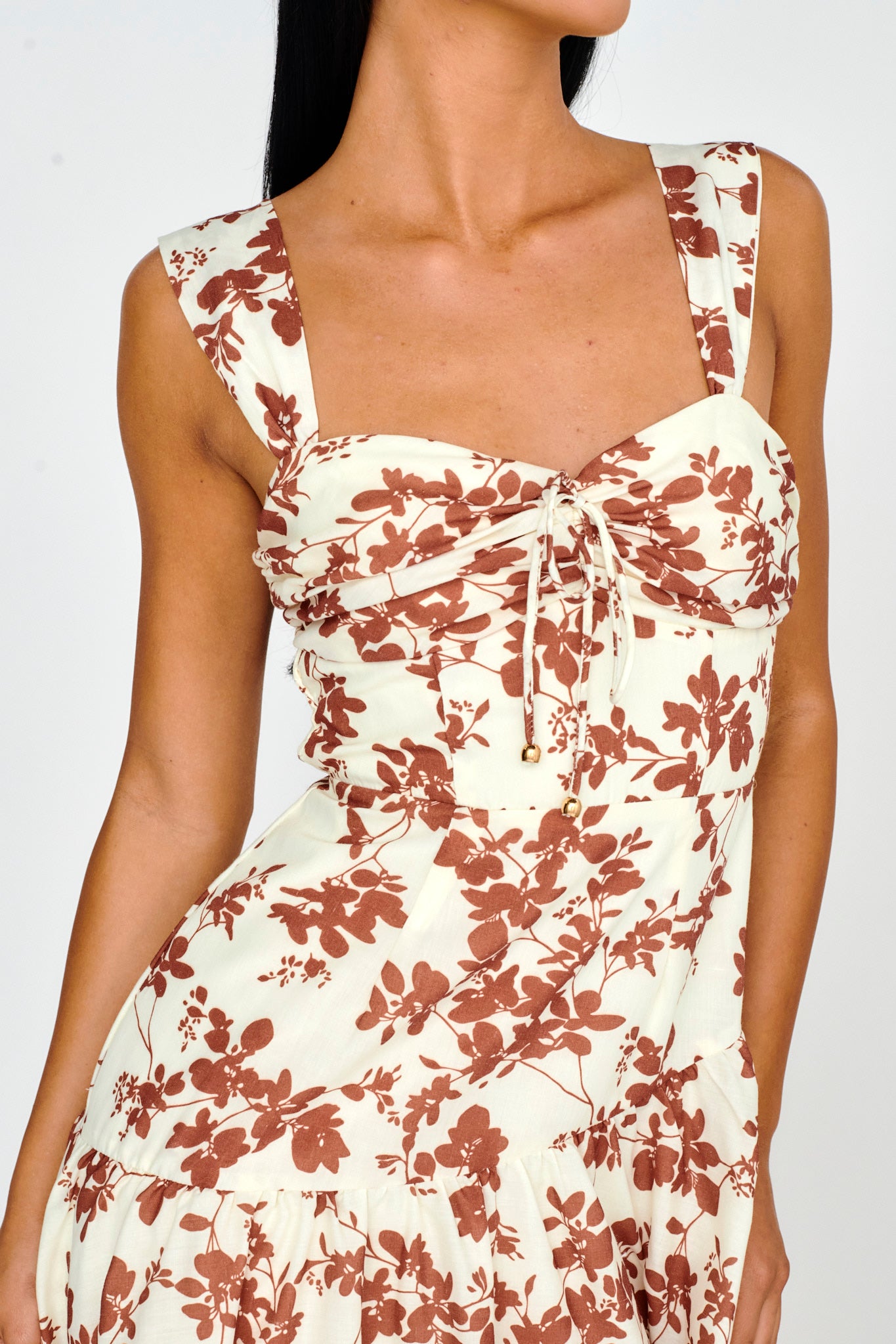 Nichola Ruched Bust Midi Dress Floral Brown-Maymioy